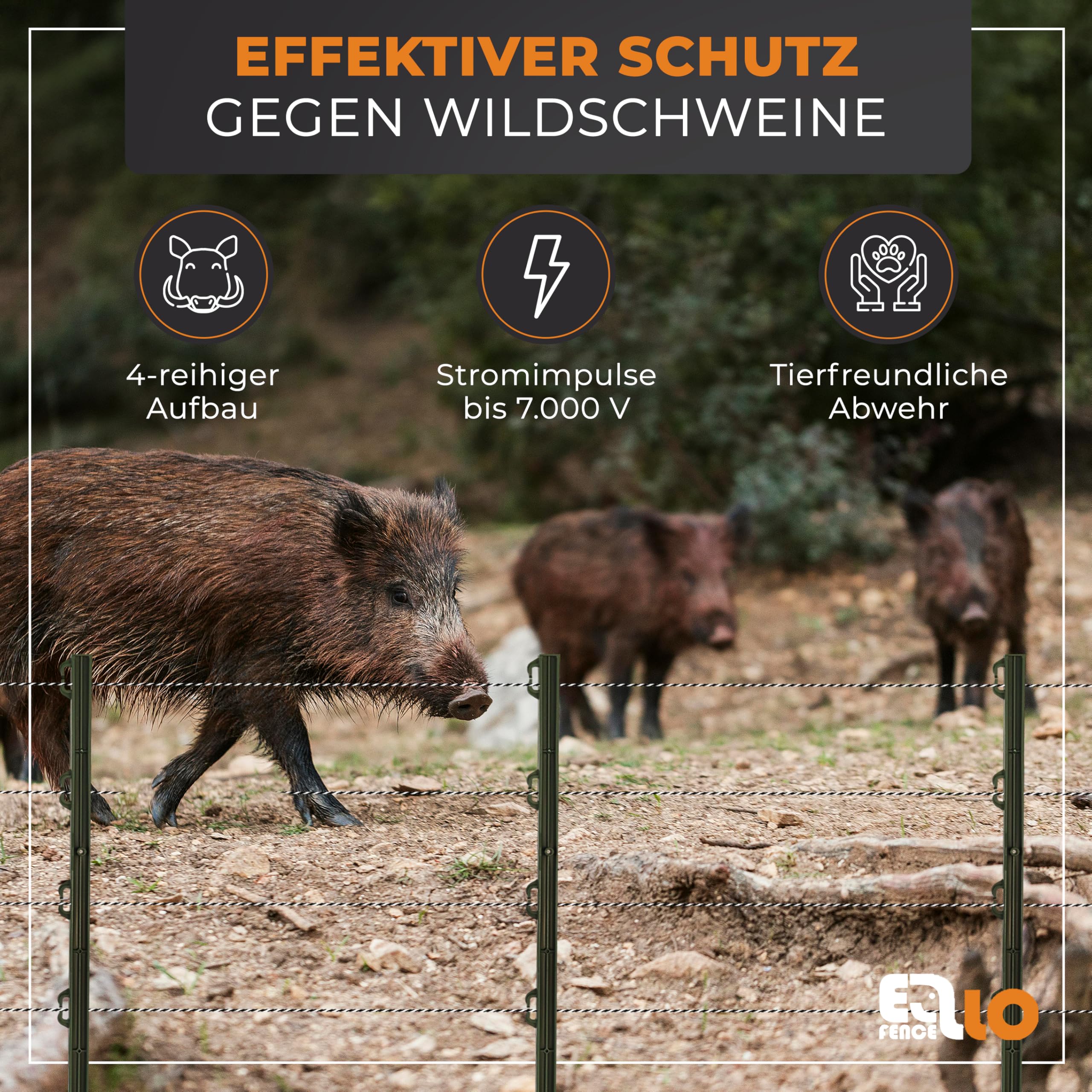 Wildschweinabwehr Set 50m | Wildschweinschutz durch Stormzaun | ALL-IN-ONE Set | Starkes 230V Weidezaungerät, 200m Litze, 10 Pfähle, 25 Ringisolatoren, Erdung, LED Prüfer & Warnschild