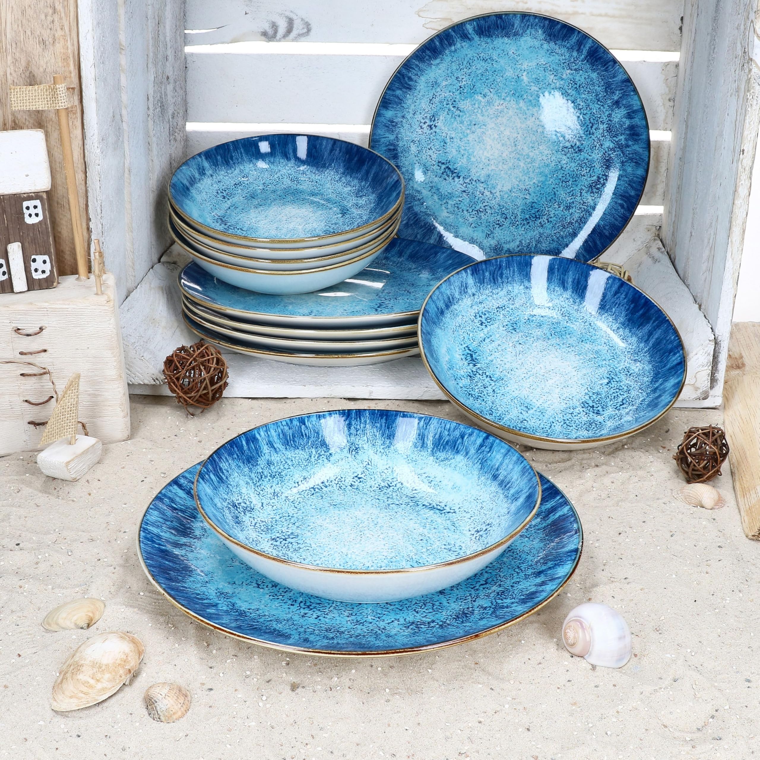 MamboCat Marina 12tlg Tafelservice I blaues Porzellan-Geschirr mit maritimem Design für 6 Personen I Ozean-Dekor, Gischt I 6x Suppenteller & 6x Speiseteller für Frühstück, Mittag & Abendbrot