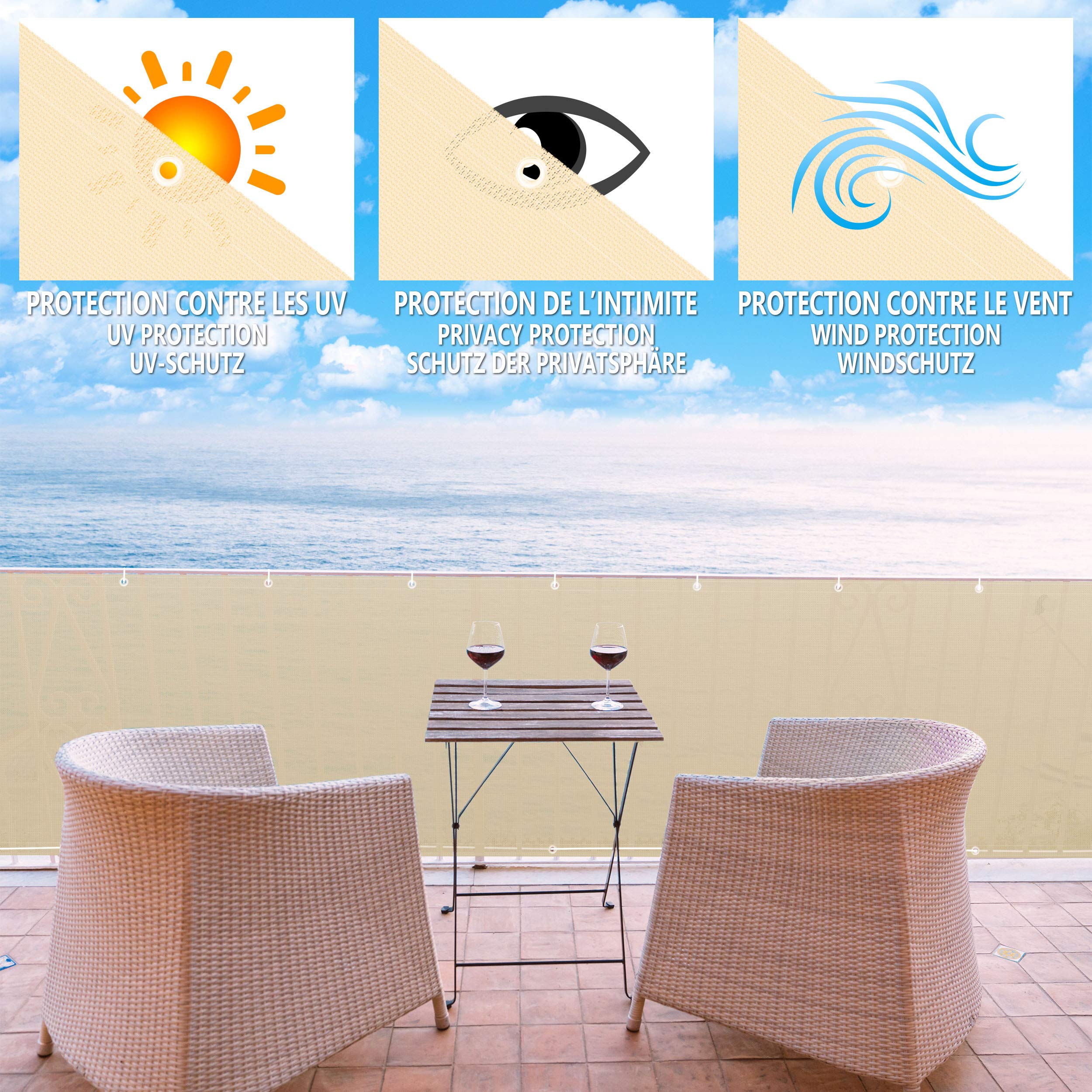 vounot® Brise Vue pour Balcon 100% HDPE 230g/m2 Protection UV Résistant aux Déchirures et au Vent Protection Contre Les Regards avec Attaches de Câble et Cordons 600x90cm Beige