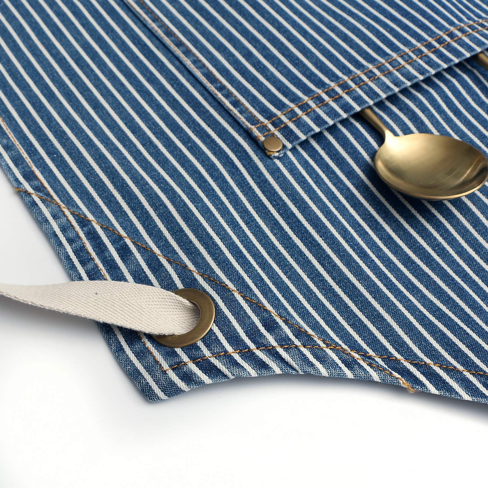 Jeanerlor - Cooking Apron with 4 Pockets for Hairdresser Cross Back (Blue Striped)