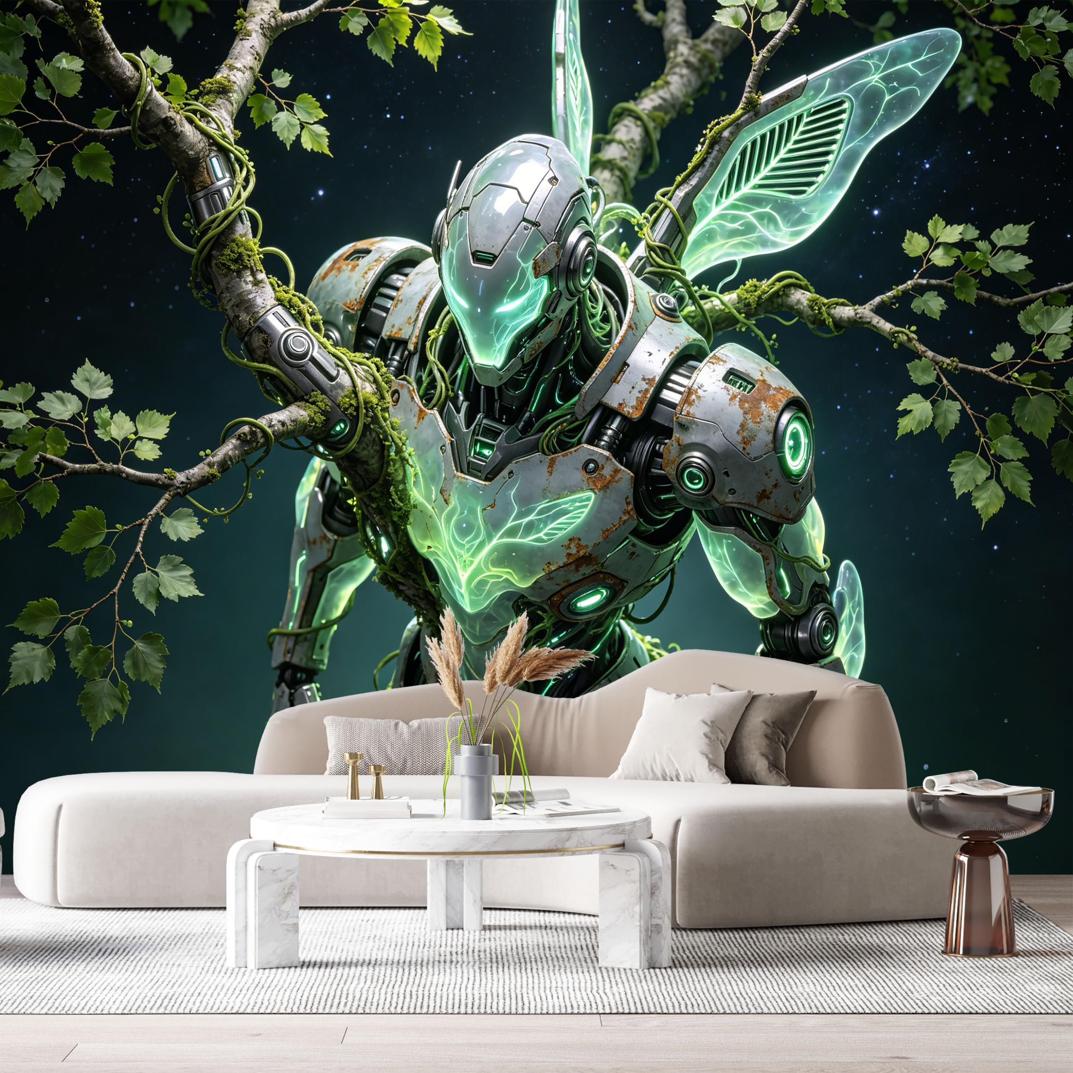 Custom Size Wall Murals SciFi Cybernetic Robot Bioluminescent Wings Botanical Modern 3D SelfAdhesive Wall Fabric Removable Large Wallpaper for Photo Living Room