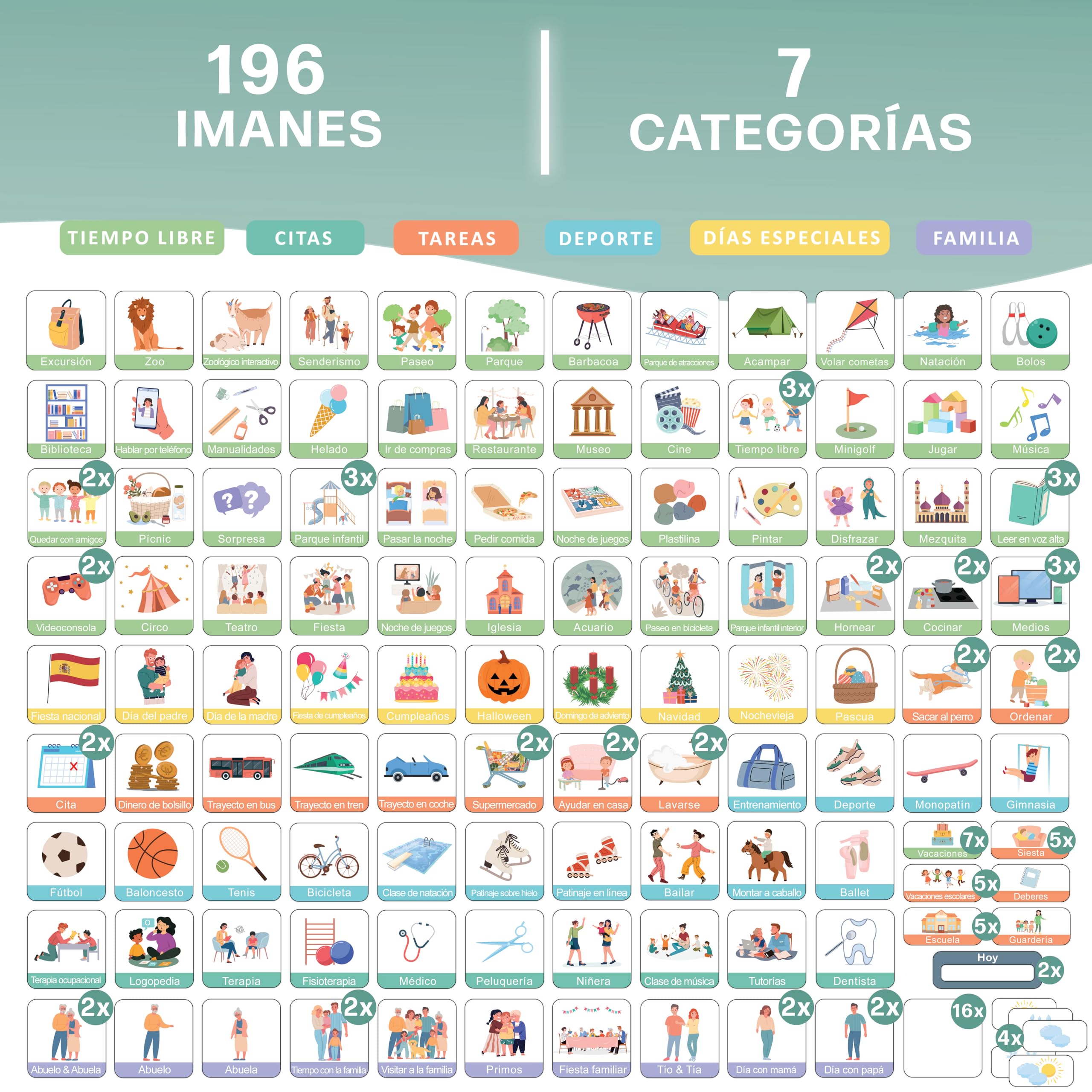 Planificador semanal para niños - Pizarra magnética Montessori con un bonito diseño que incluye 196 imanes y un bolígrafo - Juegos educativos a partir de 3 años - Calendario infantil