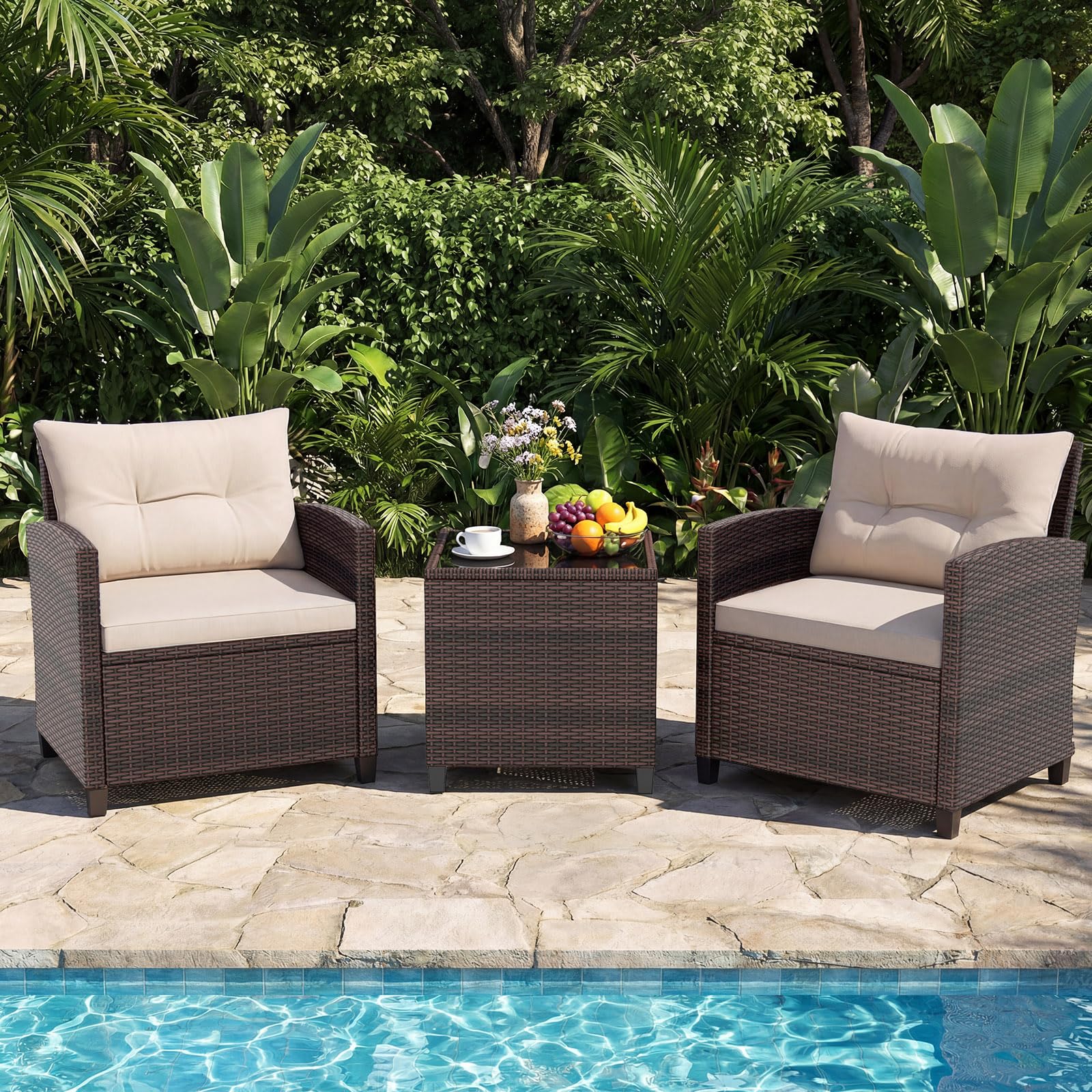 GIANTEX Rattan Gartenmöbel Set, Balkonmöbel Kleiner Balkon, Lounge Gartenmöbel Set, Balkon Möbel für 2 Personen, Gartenlounge Set 2 Sessel & Tisch, 3 tlg. Gartensitzgruppe inkl. Sitz- und Rückenkissen
