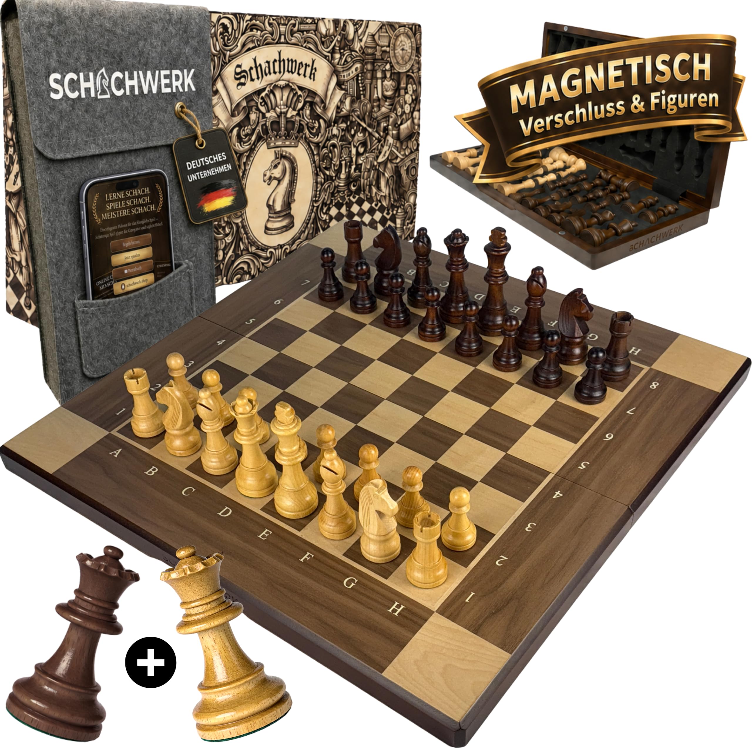 Schachspiel Holz magnetisch 39x39 cm Schachwerk® Schachbrett mit Lern-App | Klappbar mit Magnetverschluss · Filztasche · 2 Extra-Damen · Staunton-Design · Schachgeschenk für Erwachsene &amp; Kinder