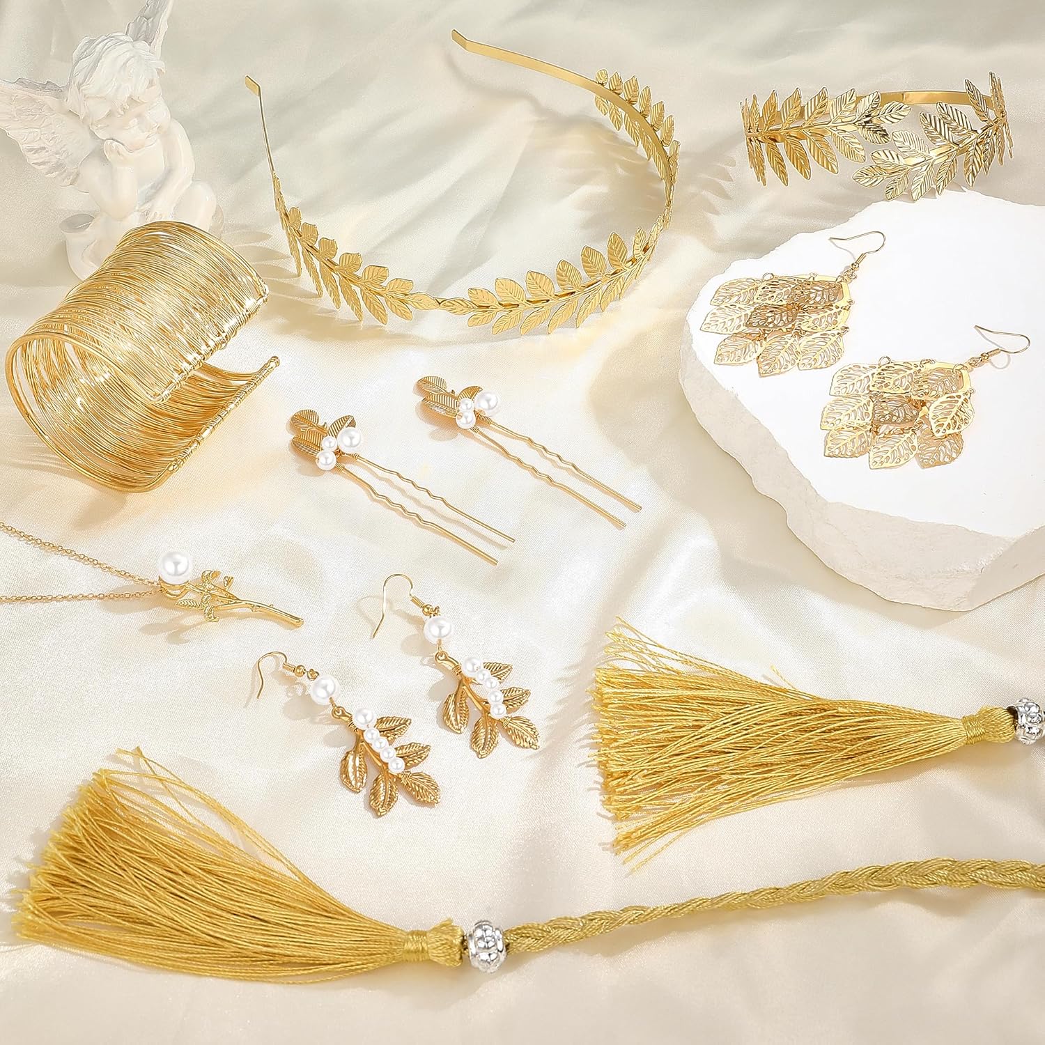 EIELO 16Pcs Greek Goddess Costume Accessories Set for Women Golden Laurel Leaf Crown Upper Arm Cuff Coil Bracelet Hair Headpiece Artificial Leaf Drop Earrings Necklace Toga Waist Belt Accessories Set - Image 7