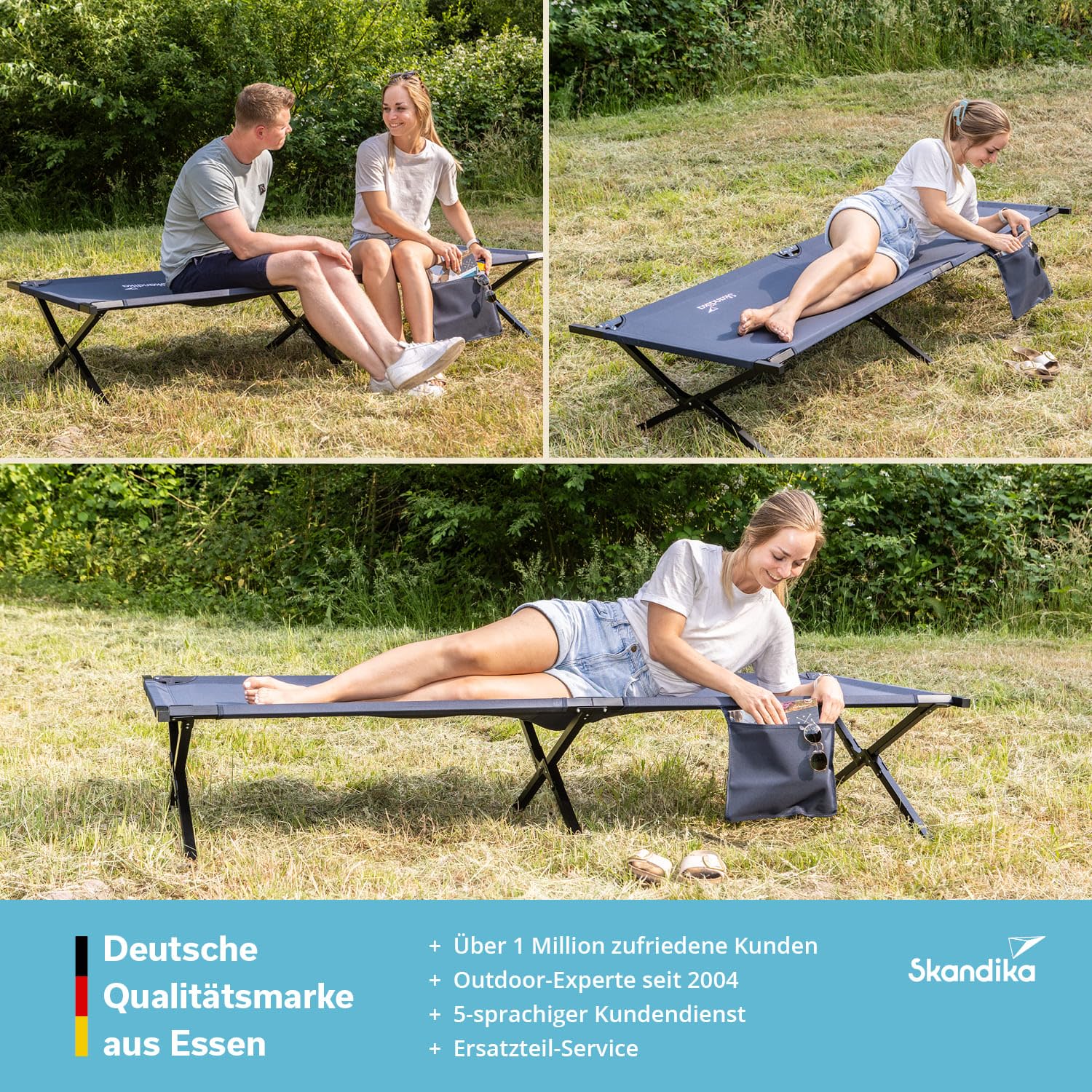 Skandika Campingliege Mutenia | Klappbare Sonnenliege mit Organizer-Tasche, max. 200 kg, 210 x 75 cm, Anti-Rutsch-Füße, Tragetasche | Feldbett Outdoor, Camping, Strand, Garten