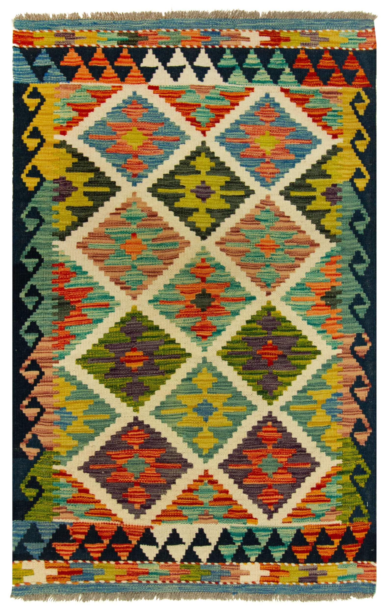 Kilim Tapis 100 % laine 125 x 80 cm, fait à la main, pièce unique de style Herat Boho multicolore, tissage plat, tapis d'entrée et chambre