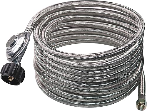 DOZYANT Regulador universal de propano QCC1 de 15 pies de baja presión con manguera trenzada de acero inoxidable para la mayoría de parrillas de gas