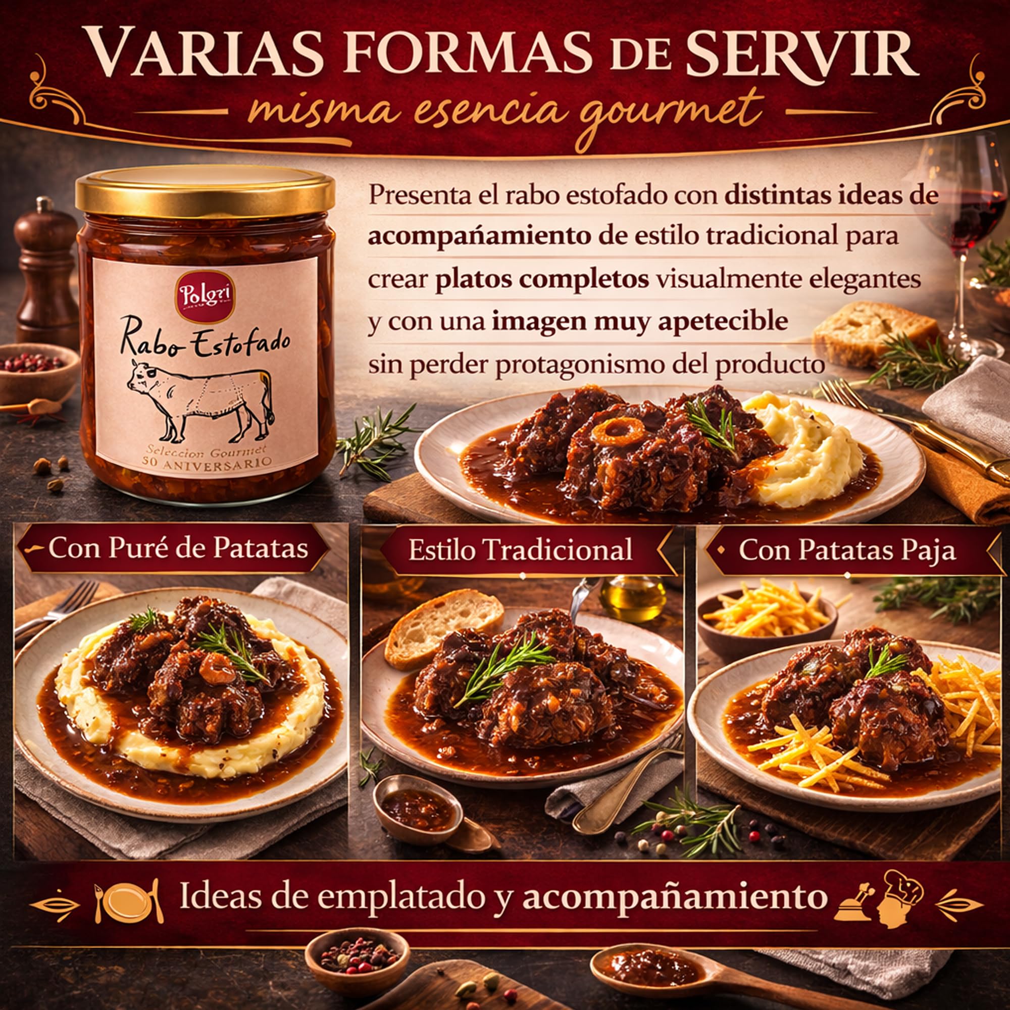 POLGRI Rabo de Toro Rabo Estofado Conserva Gourmet Plato Preparado con AOVE Receta Tradicional Tarro 850 ml Carne Premium Listo para Calentar Sabor Intenso Cocina Manchega Casera