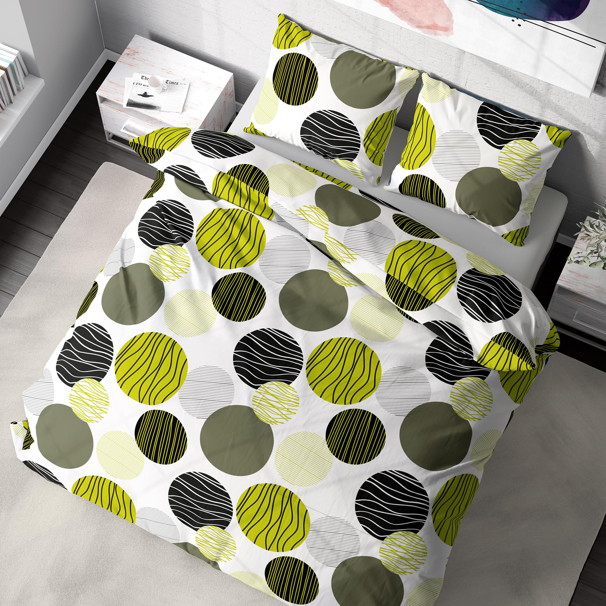 Ropa de cama premium de 200 x 200 cm, 100 % algodón transpirable con cremallera, color gris, lunares negros, 3 piezas, funda nórdica de 200 x 200 cm y 2 fundas de almohada de 80 x 80 cm