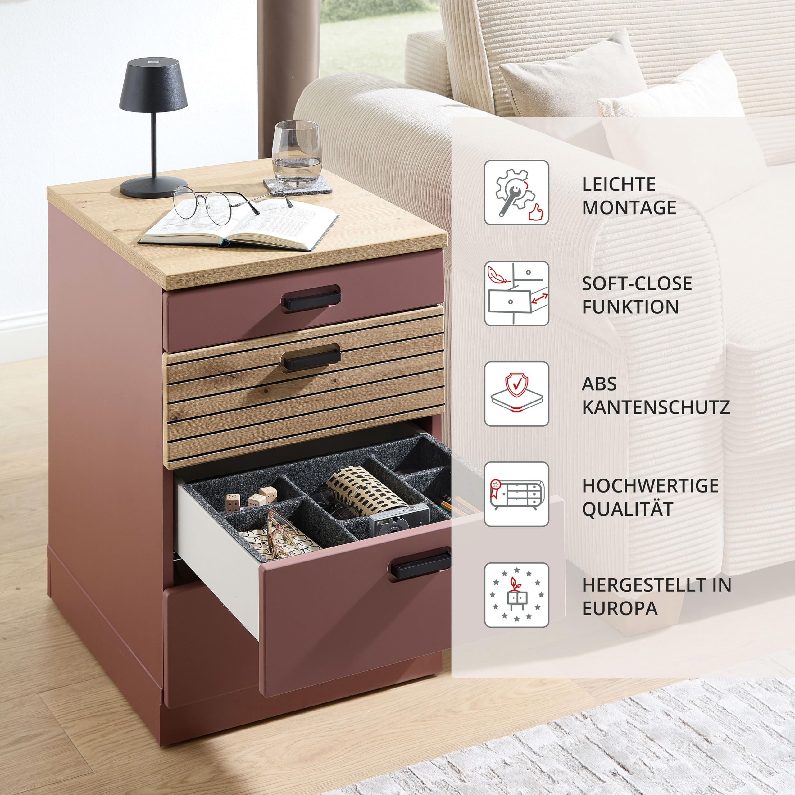 GLENN Rollcontainer Schreibtisch Rusty Red Artisan Eiche Optik | 45 x 66 x 55 cm (B/H/T), 4 Schubkästen, Lamellenoptik, 4 Rollen mit Bremse, abnehmbarer Sockel, Büro