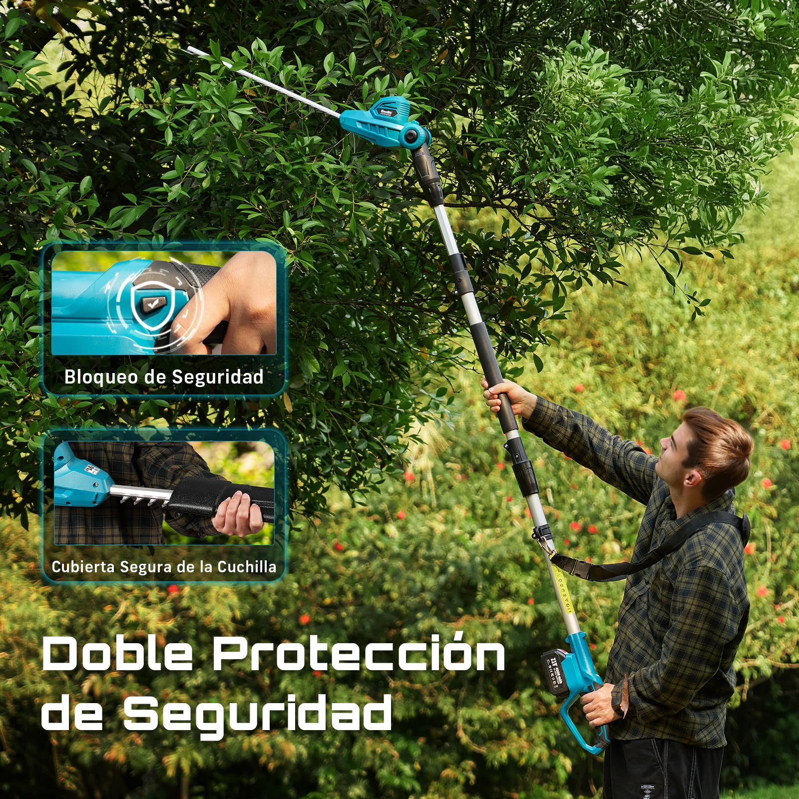SEESII Cortasetos Telescópico Eléctrico: Cortasetos a Batería con Hoja de Doble Acción de 40 cm, 2 Baterías 4,0Ah, Cabezal Giratorio 135°, para Setos Altos y Arbustos Densos
