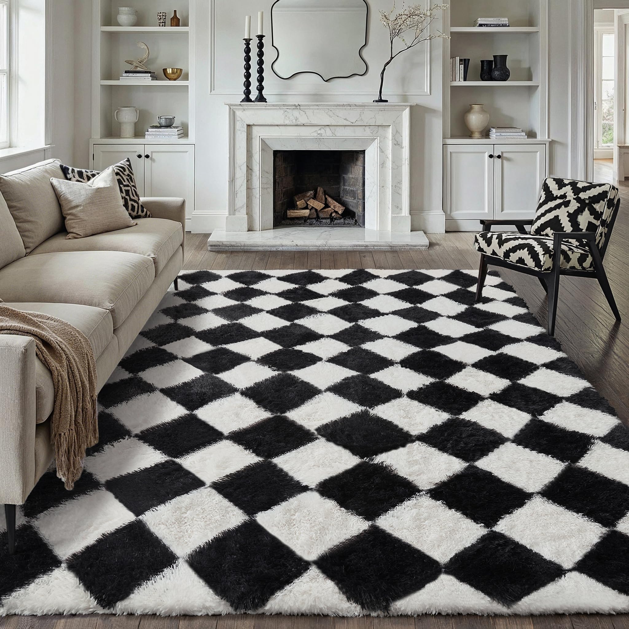 hugear checkered rug 8x10 living room black white modern shag rug washable large area rug soft fluffy indoor carpet fuzzy vacuumable rugs for bedroom home decor non slip