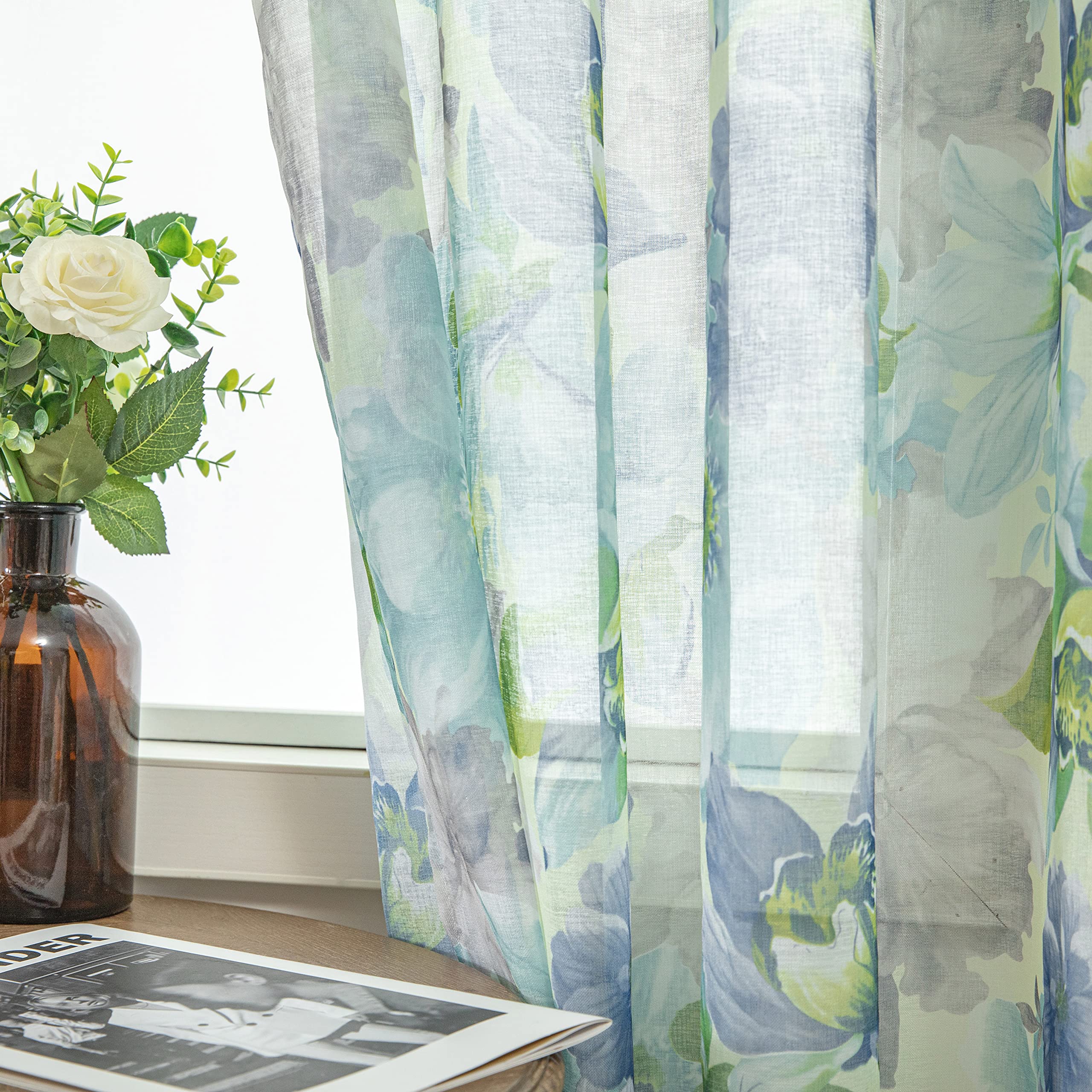 Durchsichtige Vorhänge mit Blumenmuster, 213 cm lang, Blaue Blumendruck, französisches Landhaus, halbtransparenter Vorhang für Kinderzimmer, Schlafzimmer, Wohnzimmer, Leinenoptik