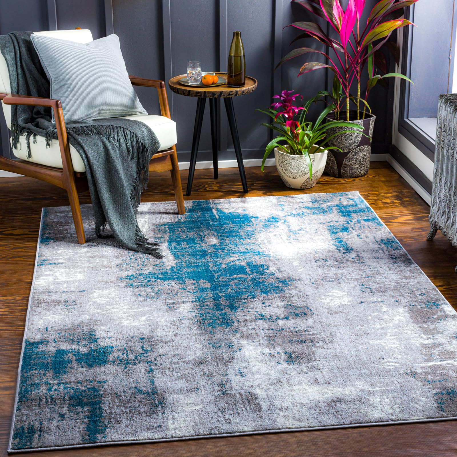 Livabliss Helsinki Abstract - Area s Living Room 200x275 cm, Dining Room, Lounge, Kitchen, Bedroom - Modern Marble Large, Soft Luxurious Easy Care Medium Pile, Grey, Aqua, White
