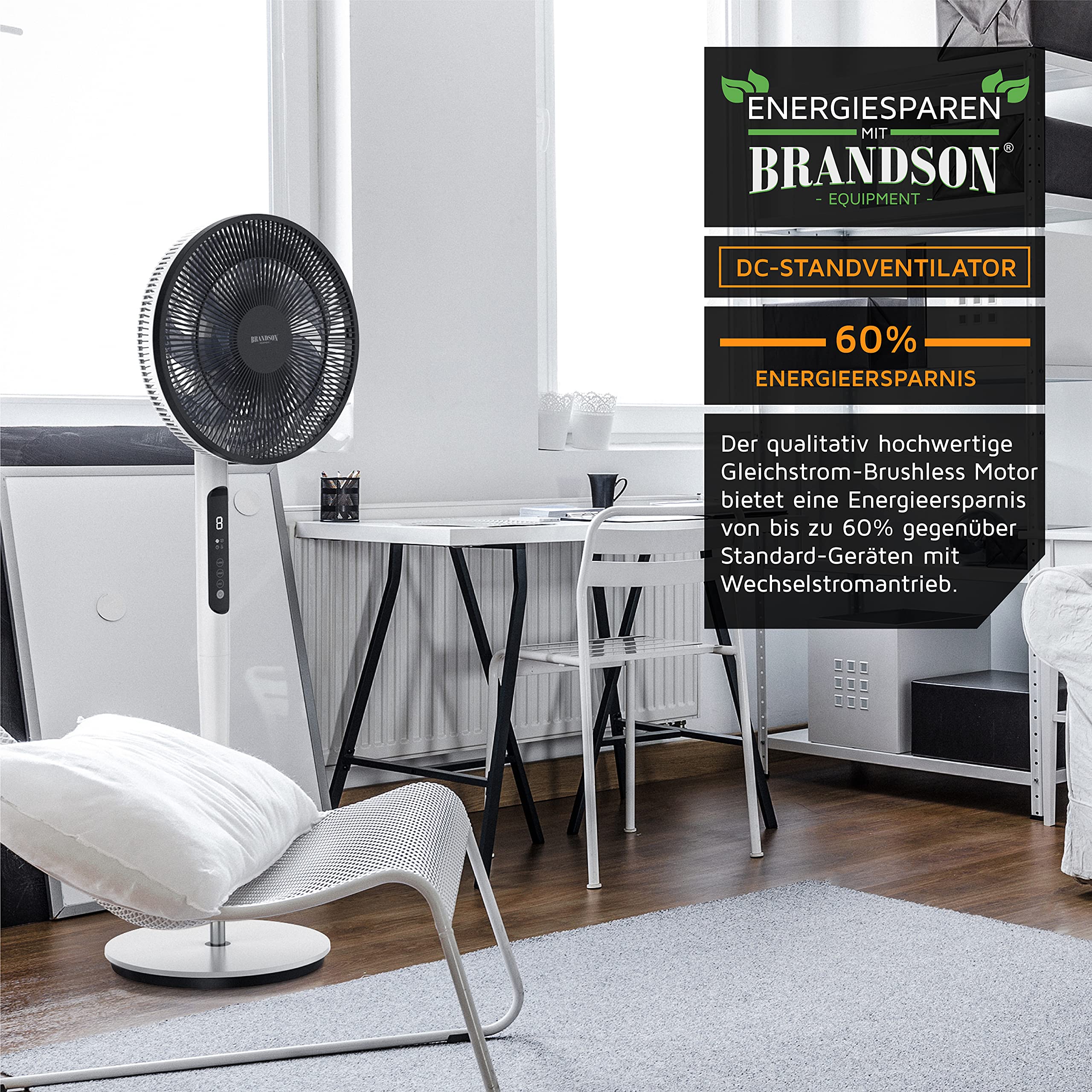 Brandson - DC Standventilator energiesparend ECO - Sieger Ventilatoren 2026 - Fernbedienung - Brushless Silent Motor - sehr leise – Oszilation 60° 90° 120° - 12 Stufen - Turbo Modus - weiß