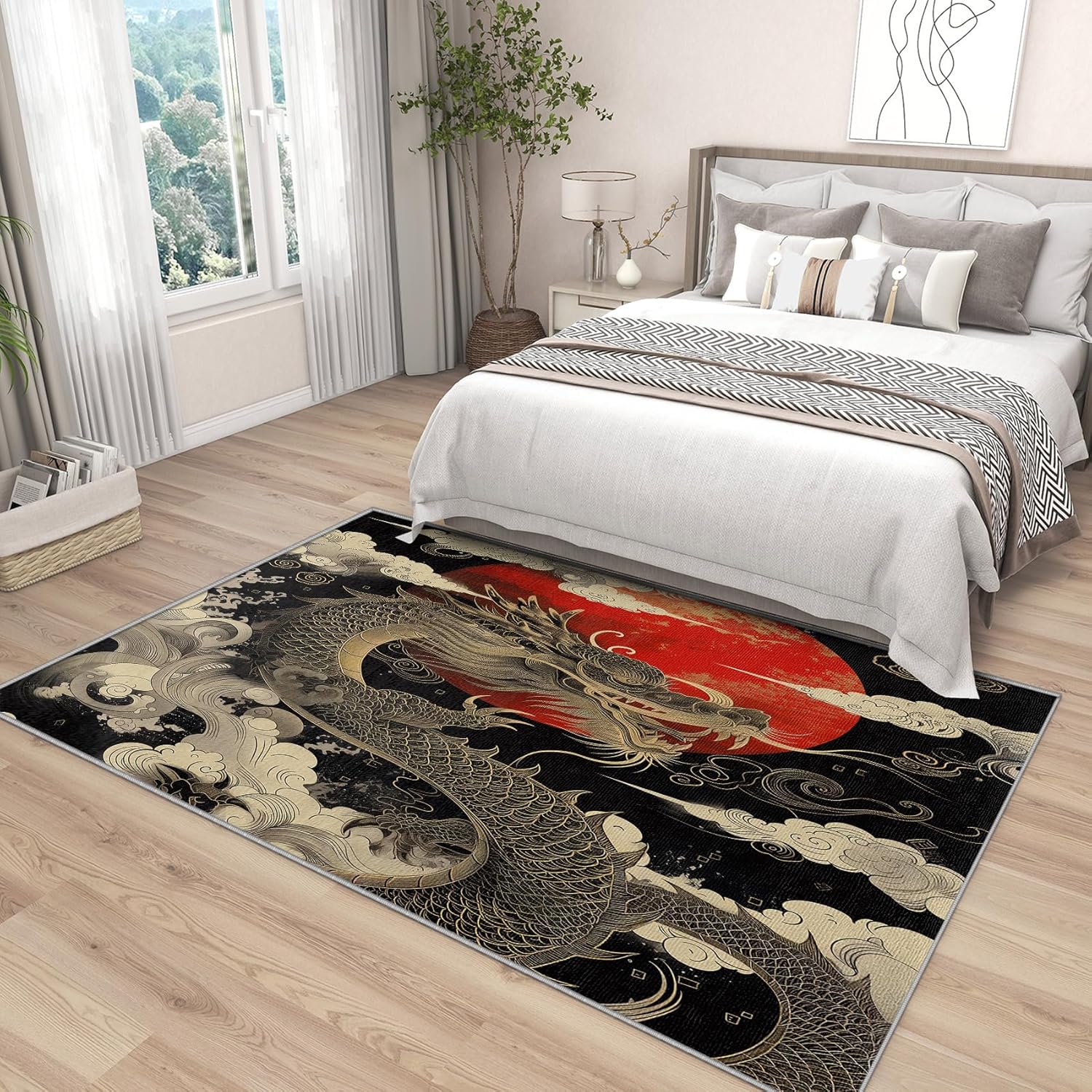 5x7 Rug - Chinese & Japanese Dragon Fantasy Animal Rugs for Living Room & Bedroom - Asian Oriental Washable & Non Slip Large Indoor Area Carpet - Home Decor & Gifts