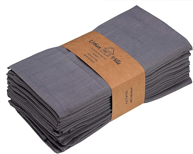 Urban Villa Solid Slub Set of 12 Dinner Napkins (20X20 Inch) 100% Cotton Everyday Use Premium Quality Over Sized Cloth Napkins with Mitered Corners Ultra Soft Durable Hotel Quality (Grey)