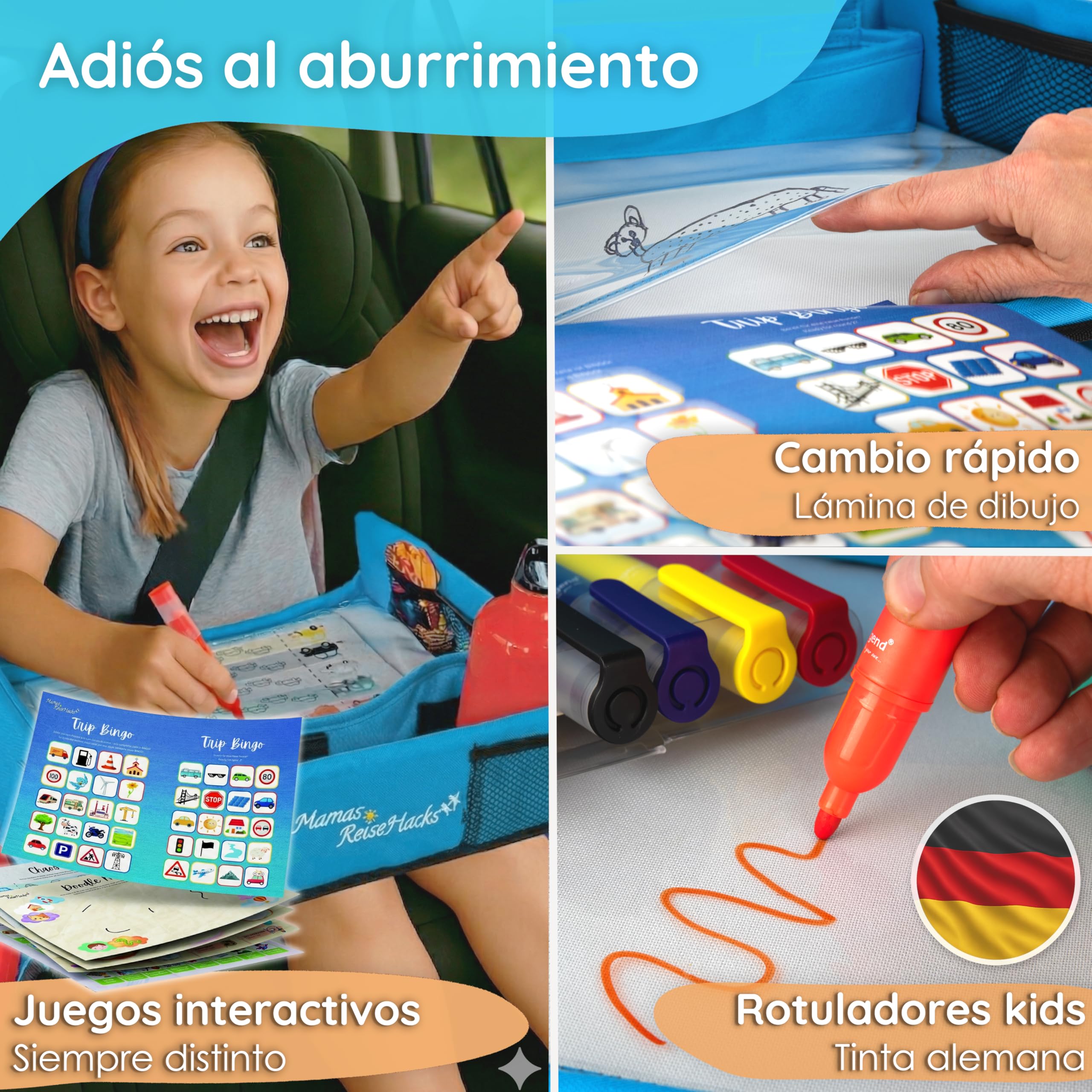 Mamas Reise Hacks Mesa de viaje para coche para niños – [con tapón para tablet y juegos de coche] para asiento trasero y viaje en coche – Mesa de juegos para niños, bandeja para rodillas, mesa de