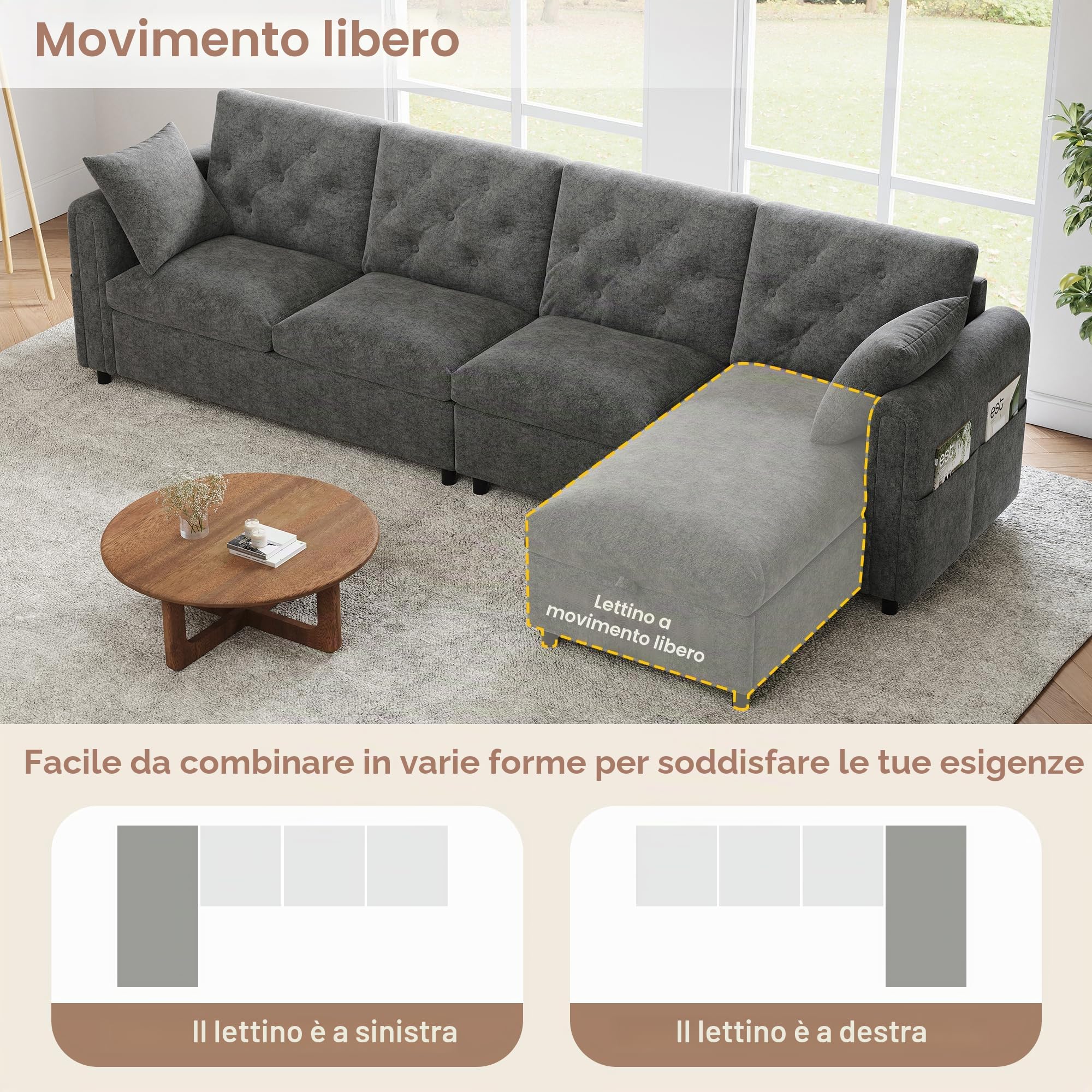 Divano ad Angolo 4 Posti con Contenitore, Divano Angolare in Velluto con Poggiapiedi Rimovibile per Salotto Soggiorno, Chaise Longue a Forma di L, Divano a Sinistra/Destra Grigio