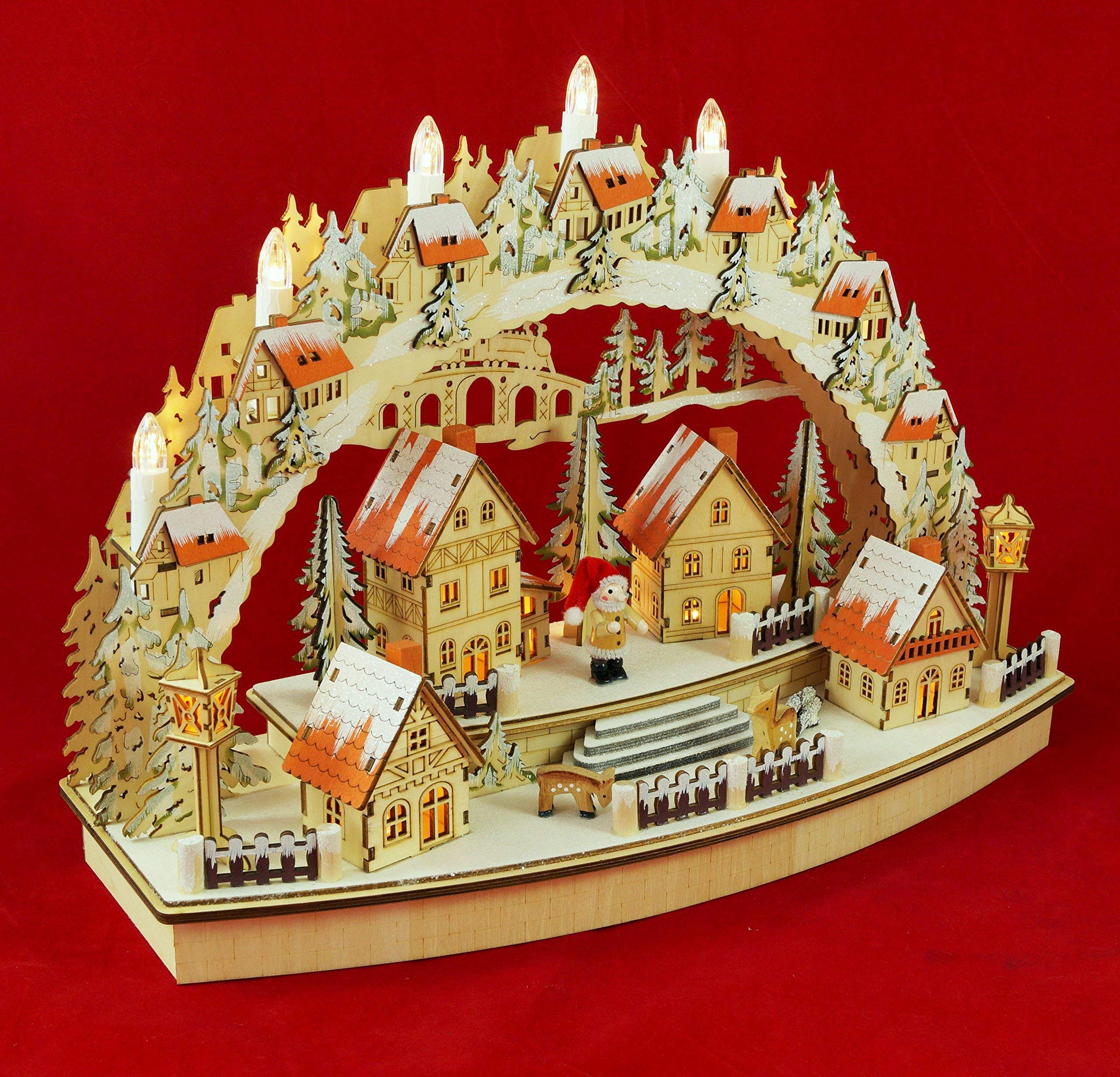 Wichtelstube-Kollektion XL Lichterbogen Weihnachten, Handbemalt, Detailreich, Batteriebetrieben mit Timer, Sparsam, LED Beleuchtung mit 3D-Effekt, Schwibbogen Weihnachten, Weihnachtsdeko Holz