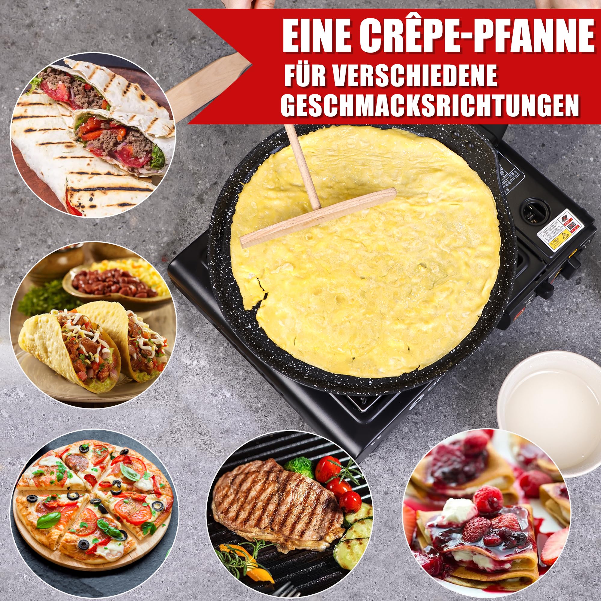 diig Sartén para crepes (28 cm, antiadherente, tortilla, con distribuidor de masa y pala de madera), color negro