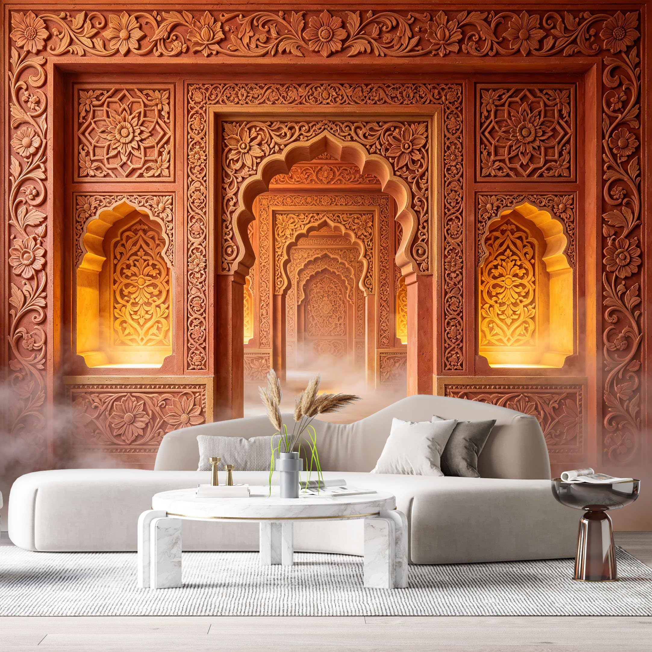 Custom Size Wall Murals Mughal Architecture Arches Mist 3D Trompe L'Oeil SelfAdhesiveWall Fabric Removable Wallpaper Wall Decor for Living Room Bedroom Bathroom
