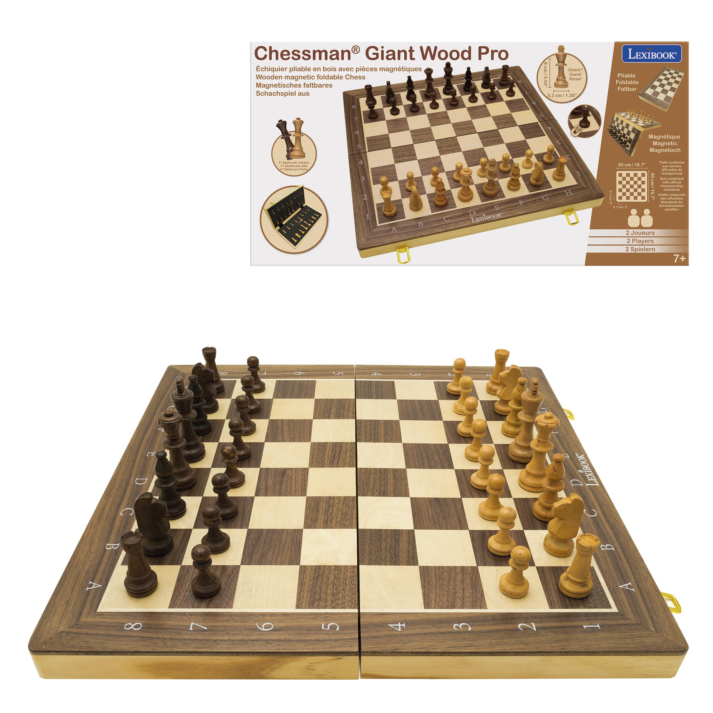 Lexibook, Chessman Giant Wood Pro - zusammenklappbares Schachbrett aus Holz mit magnetischen Figuren, CGM1000LXB