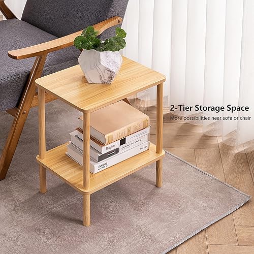 Miniatura 7 de Apicizon Juego de 2 mesas auxiliares de 2 niveles, mesa auxiliar bohemia con estante de almacenamiento, mesita de noche para espacios pequeños,