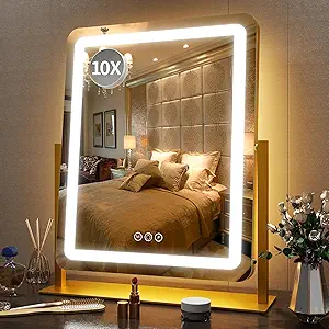 FENNIO Vanity Mirror with Lights 22 Inch- LED Lighted Makeup Mirror,Large Makeup Mirror with Lights,Touch Screen with 3-Color Lighting,Led Mirror Makeup,Dimmable(Gold)