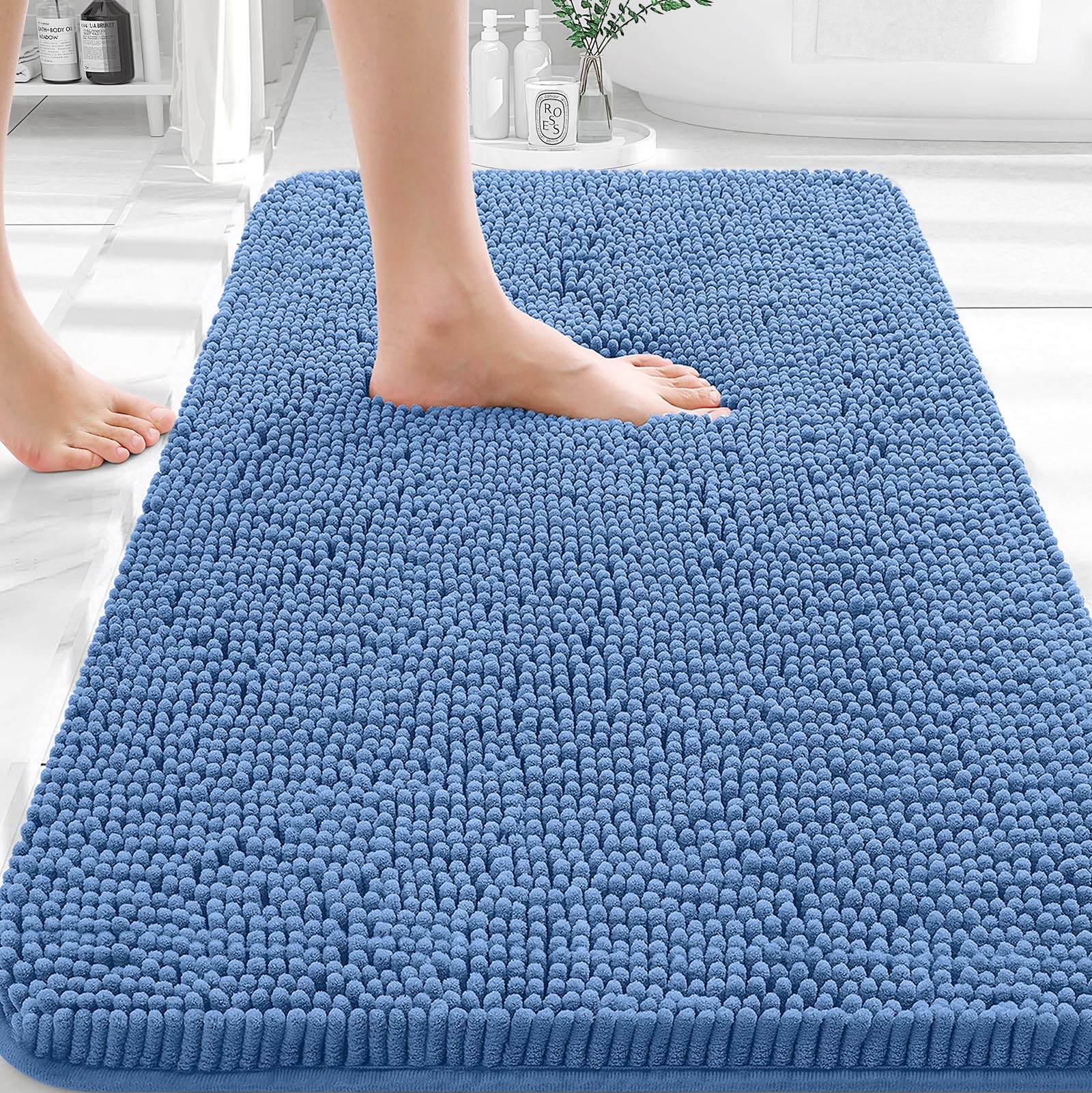 OLANLY Bathroom Rugs 35x24, Extra Soft Absorbent Chenille Bath Rugs | Cornflower Blue, Quick-Drying Rubber Backing, Washable Bath Mat for Bathroom Floor, Tub and Shower, Home Decor Accessories