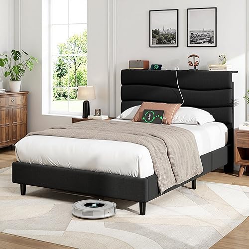 Miniatura 15 de EnHomee Base de cama tamaño Queen, base de cama Queen tapizada con estaciones de carga, cabecera de almacenamiento ajustable, dormitorio,