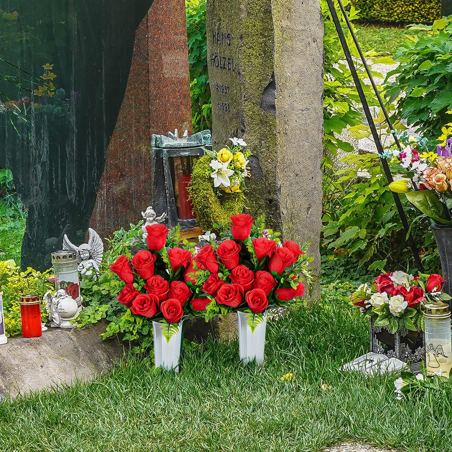 XONOR Artificial Cemetery Flowers, Set of 2 Artificial Rose Bouquet Grave Memorial Flowers with Vase for Cemetery Headstones Decoration (Red, Set of 4) - Image 5