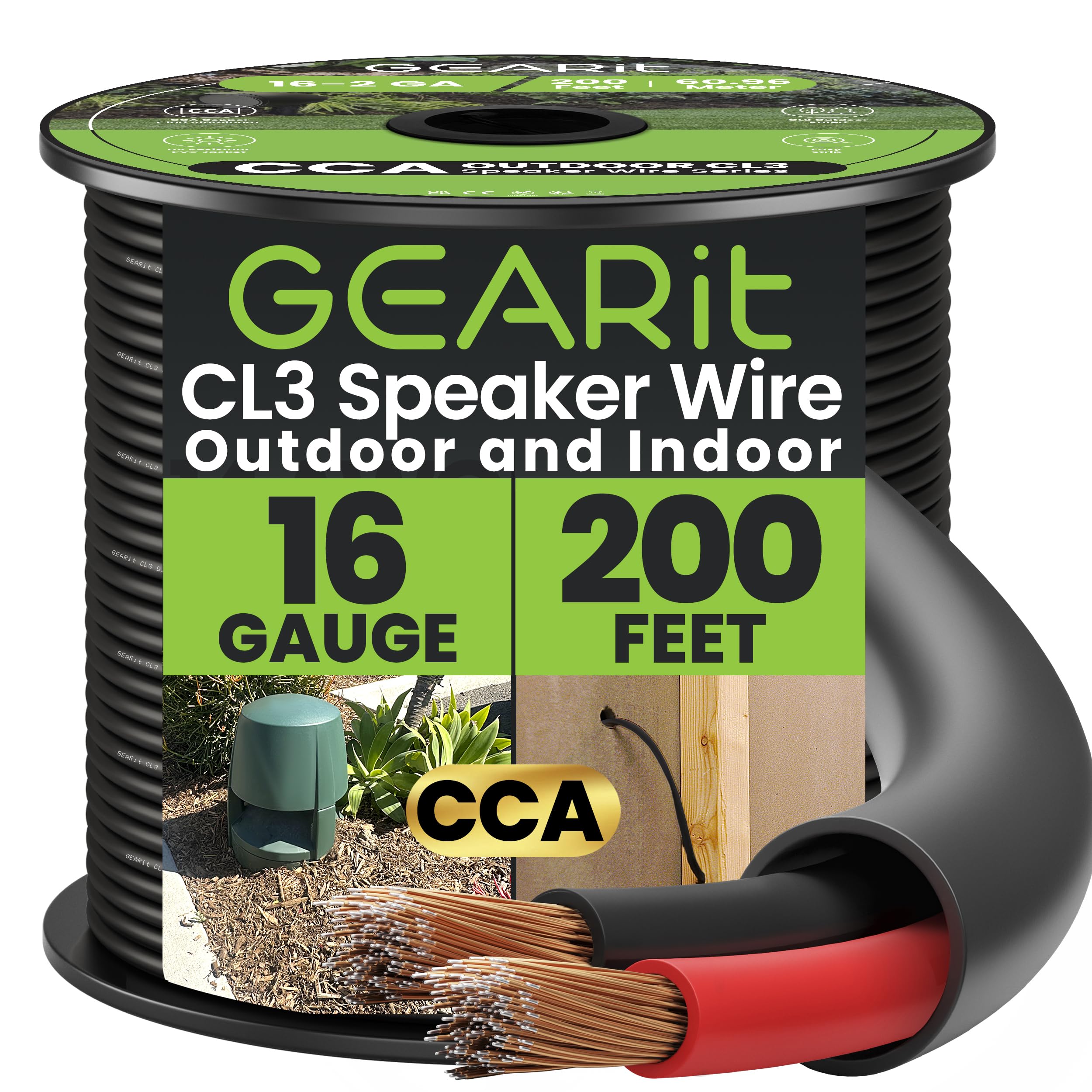 GEARit Outdoor Speaker Wire CL3 Rated, 16 Gauge Speaker Wire, Speaker Cable 200 ft for Outdoor Speakers, Patio, Garden, Backyard Audio, Direct Burial in Ground/in Wall, CCA (Black, 2-Conductors)