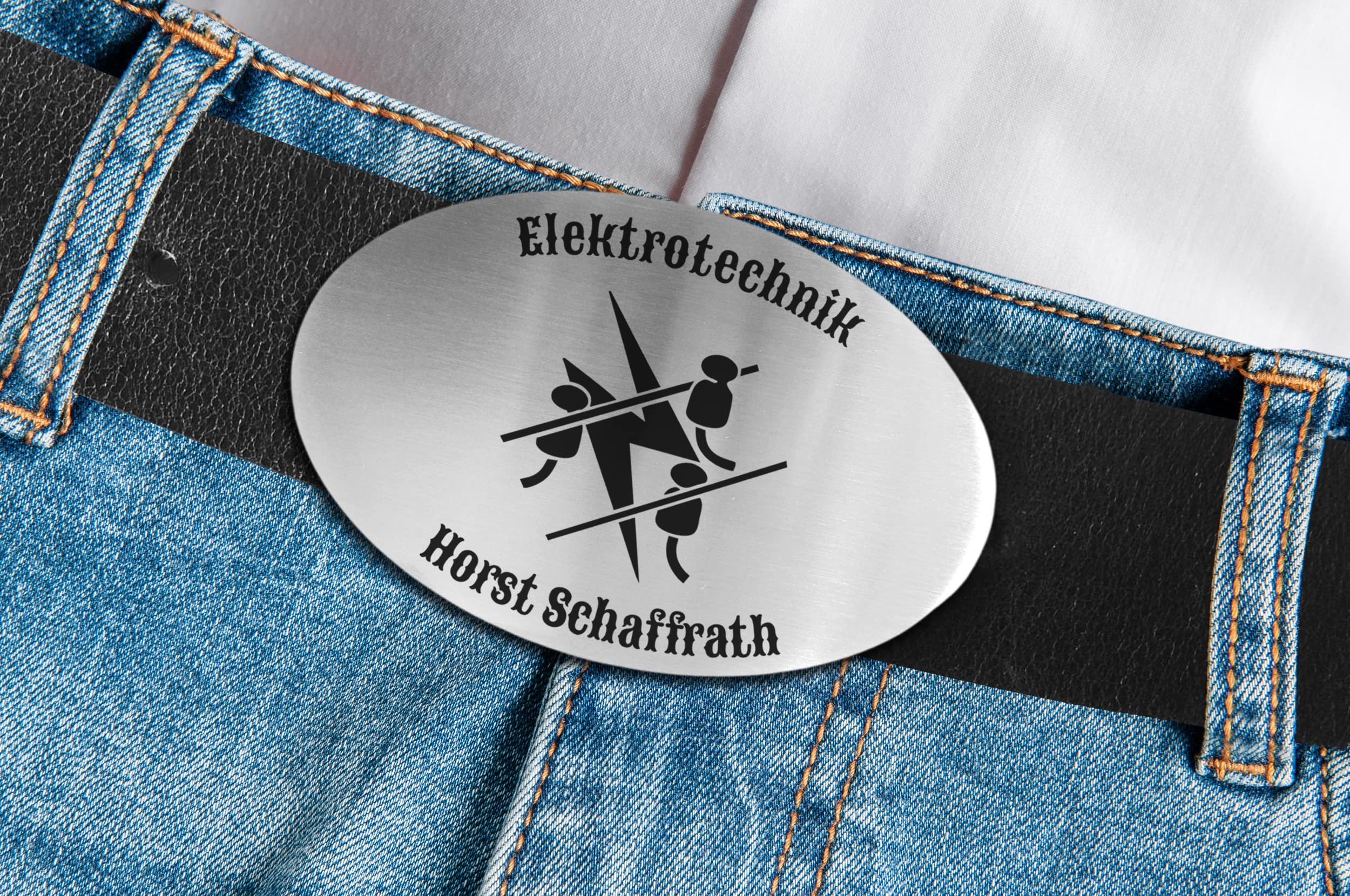 Ledergürtel mit ovaler Gürtelschnalle Zunftsymbol Elektriker und Wunschgravur personalisiert Dein Text Name Firmenname Geschenkbox Workwear