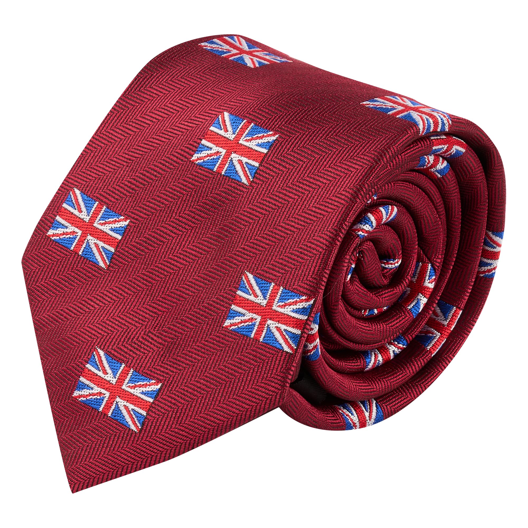 King & Priory Union Jack UK Flag Burgundy Red Herringbone Embroidered Tie