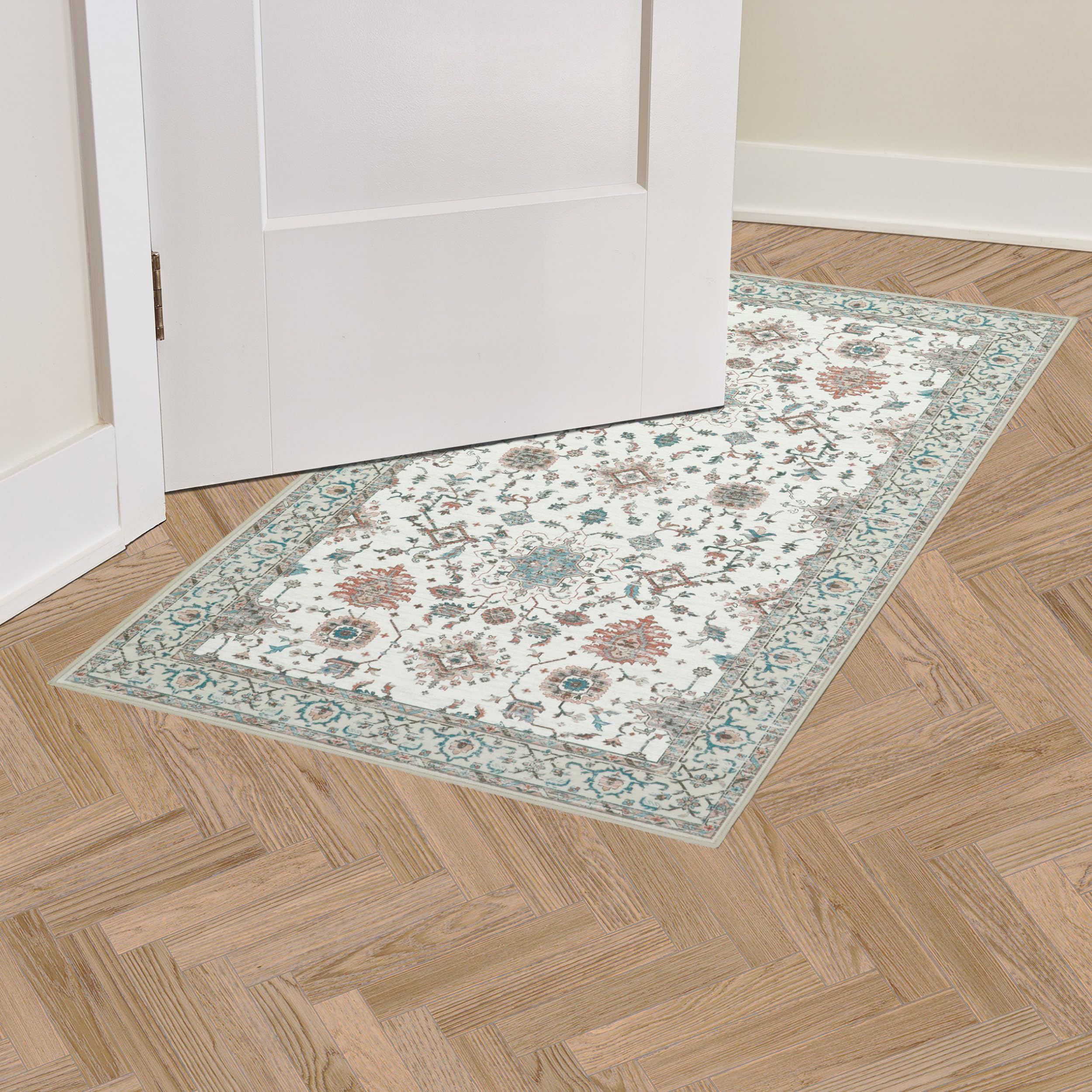 Alfombra decorativa beige Aure floral lavable a máquina y antideslizante de 26 x 45 pulgadas 2