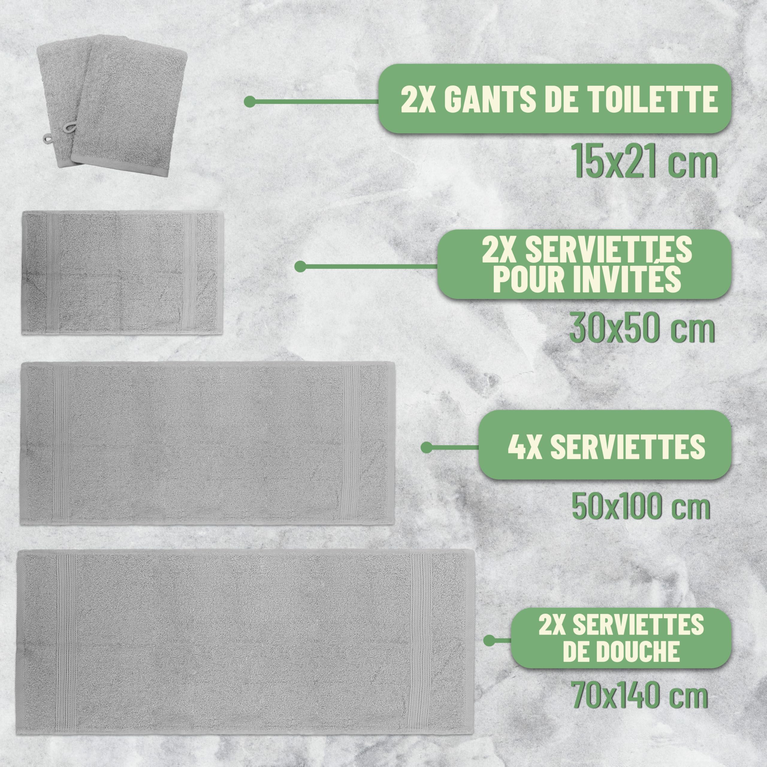 Green Mark Lot de 10 Serviettes 100% Coton – 4 de Main 50×100, 2 de Douche 70×140, 2 d’invités 30×50 et 2 Gants de Bain - Gris Argenté
