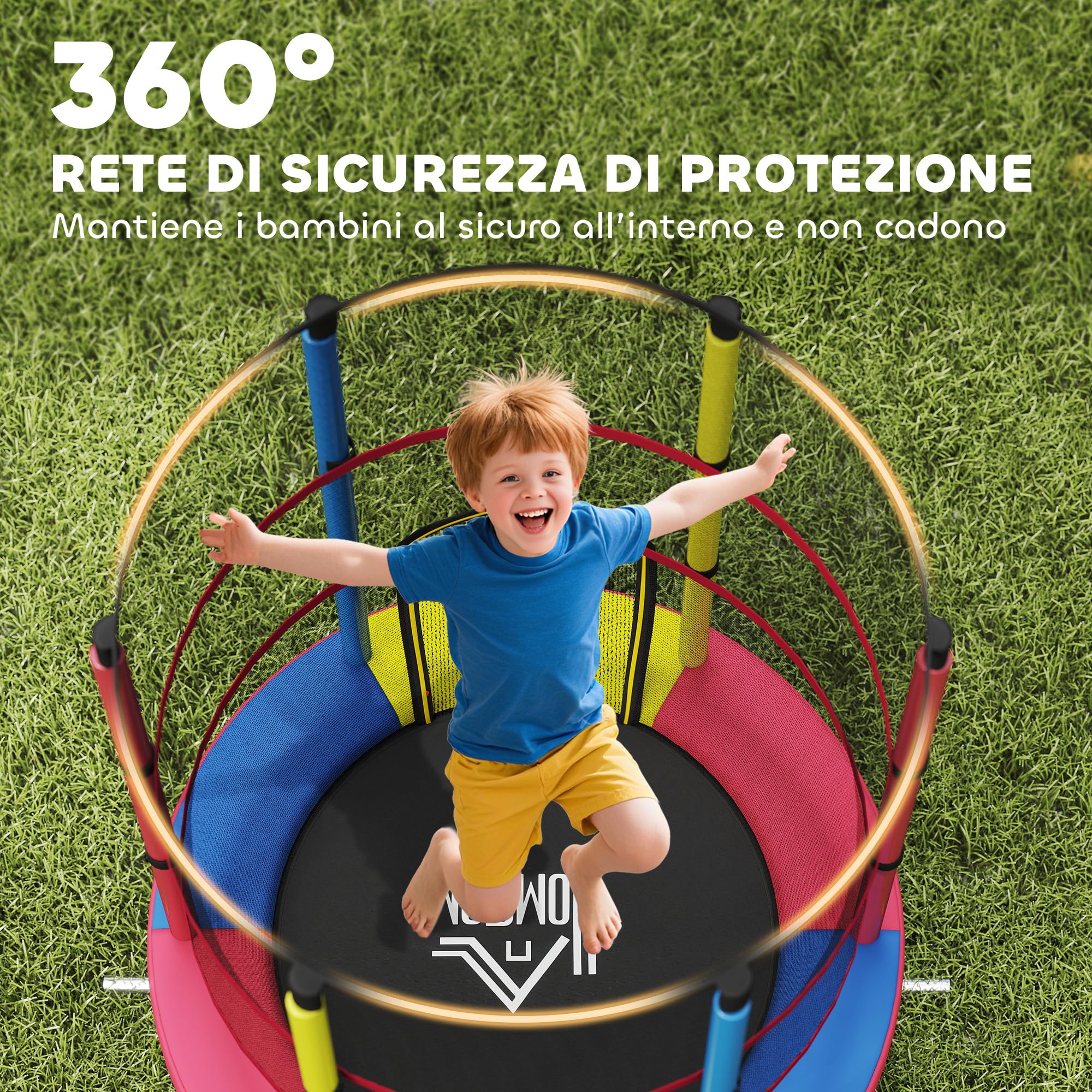 HOMCOM Trampolino per Bambini 3-6 Anni con Rete di Sicurezza, Tappeto Elastico Senza Molle con Gambe a L, per Interno ed Esterno, Ø160x190 cm, Multicolore