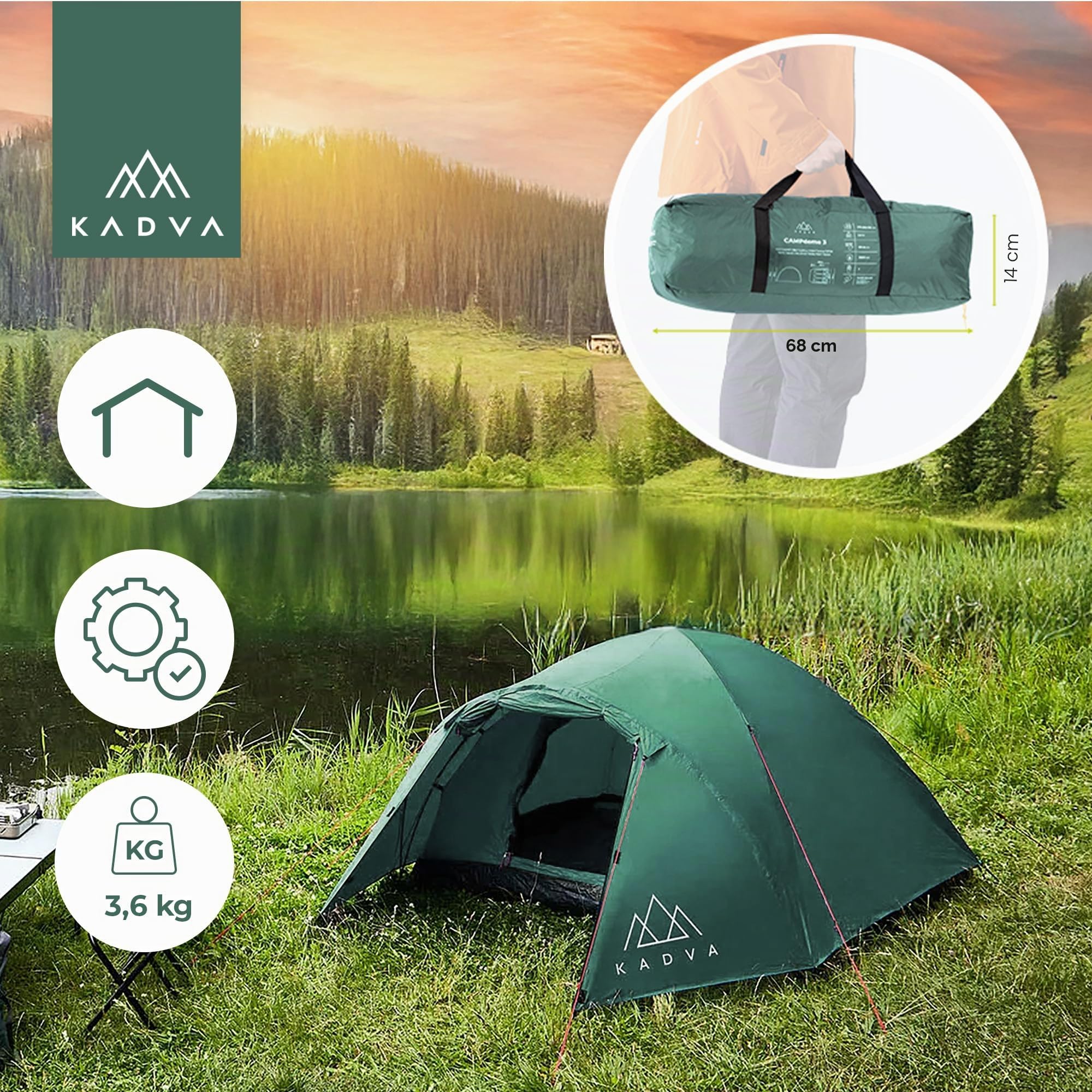 KADVA Tienda de Campaña CAMPdome 3 Cúpulas para 3 Personas 270 x 210 x 125 cm Impermeable Ligera y Duradera Estructura de Fibra de Vidrio Ideal para Acampadas y Senderismo Verde|Azul