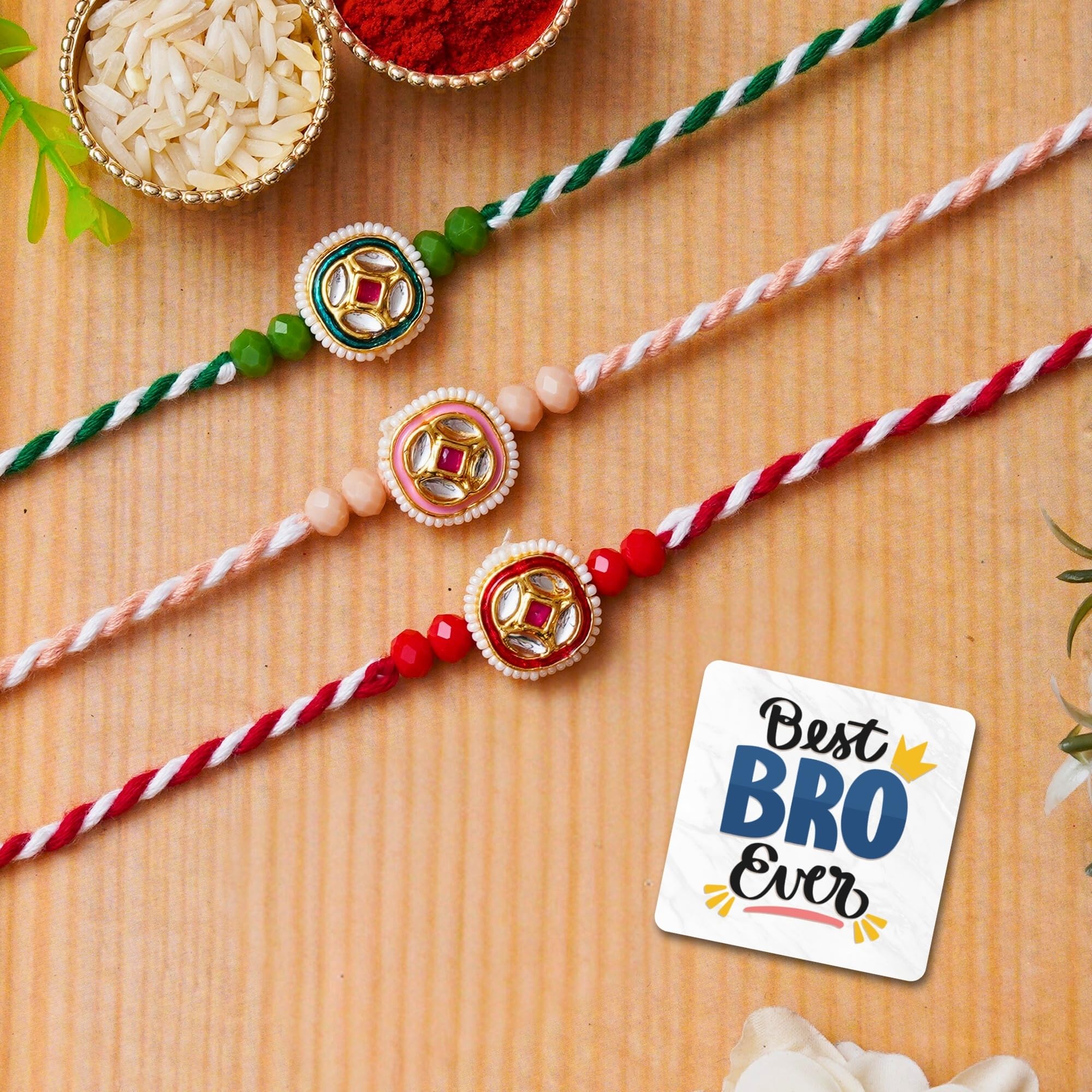 eCraftIndia Set of 3 Green, Pink & Red Kundan Designer Rakhis, Best Bro Ever Fridge Magnet with Roli Chawal Pack - Rakhis for Brother, Bhabhi, Kids-image-22