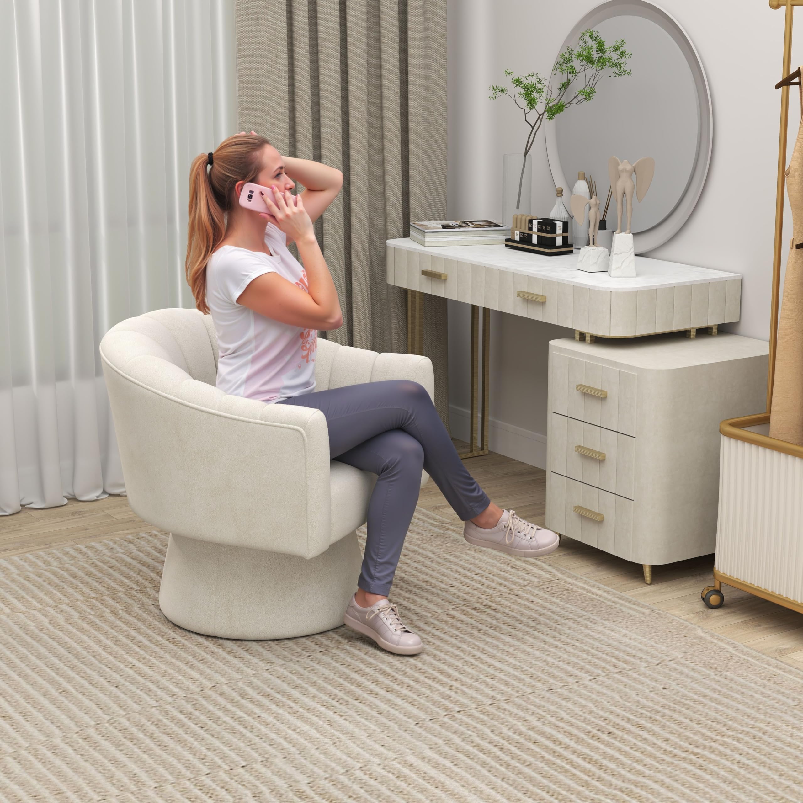 VANTEN Drehsessel Wohnzimmer mit Samt – 360° Drehbarer Sessel mit weicher Polsterung, Runder Armlehnstuhl für Schlafzimmer & Büro | Lesesessel mit Armlehnen(Beige)