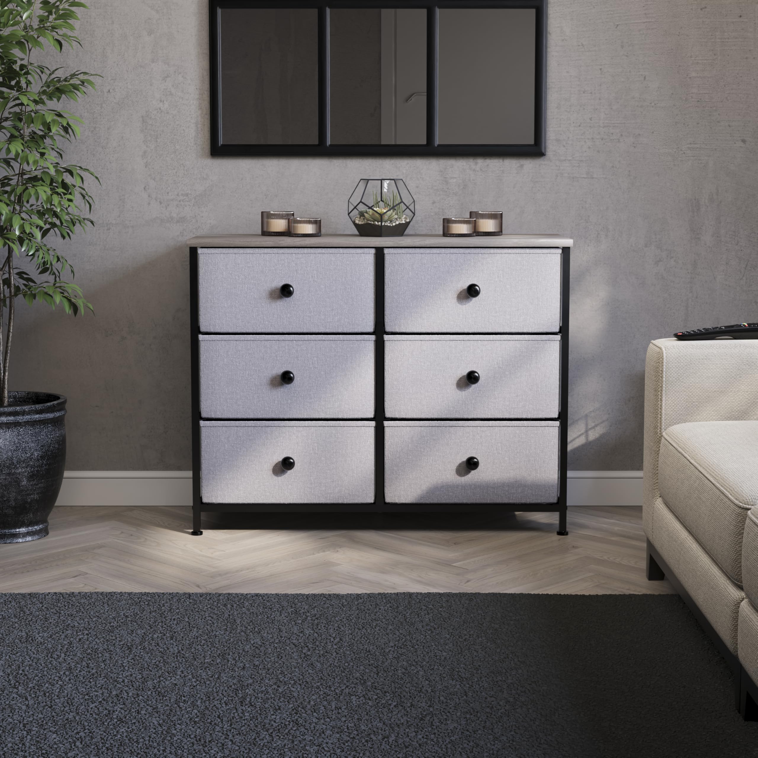Vida Designs Chorley, cassettiera con 6 cassetti, in tessuto, con piano in legno, struttura in metallo e maniglie, ideale per camera da letto, soggiorno, cameretta dei bambini, legno beige e grigio