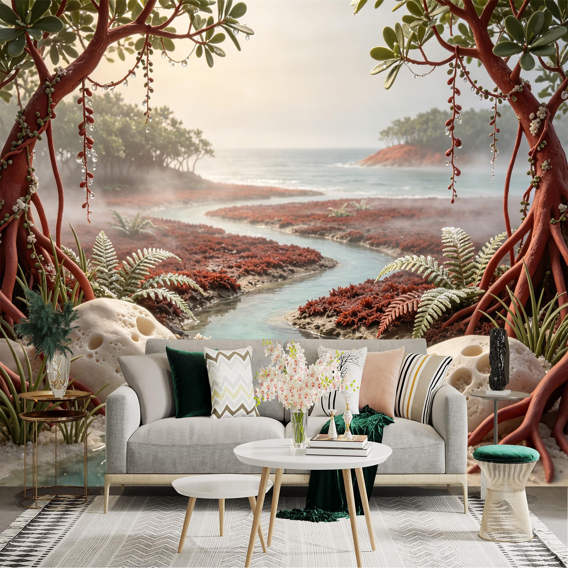 Custom Size Wall Sticker Mural， Tropical Mangrove Forest with River， Ocean View and Red Roots， for wall Decoration， peelandstick wall Decals.