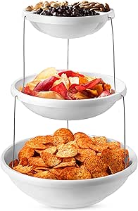 Masirs 3-Tier Collapsible Plastic Bowl with Decorative Foldable Design for Serving Snacks, Salads, and Fruits. 10.0 Ounce White Bowl