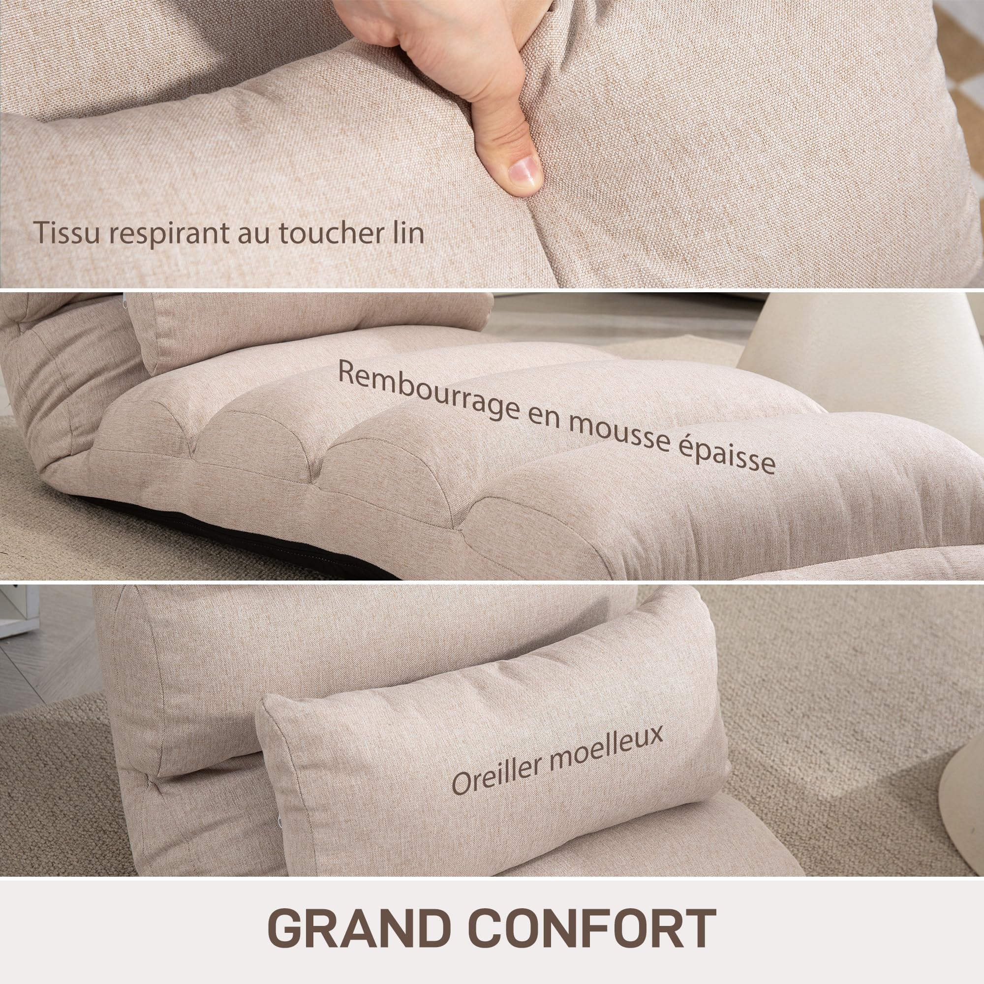 HOMCOM Canapé Paresseux chauffeuse 1 Place Fauteuil Convertible Fauteuil lit avec Dossier et Appui-tête réglables sur 5 Positions pour Salon Chambre et Bureau Charge 120 Kg 58x119x78cm Beige