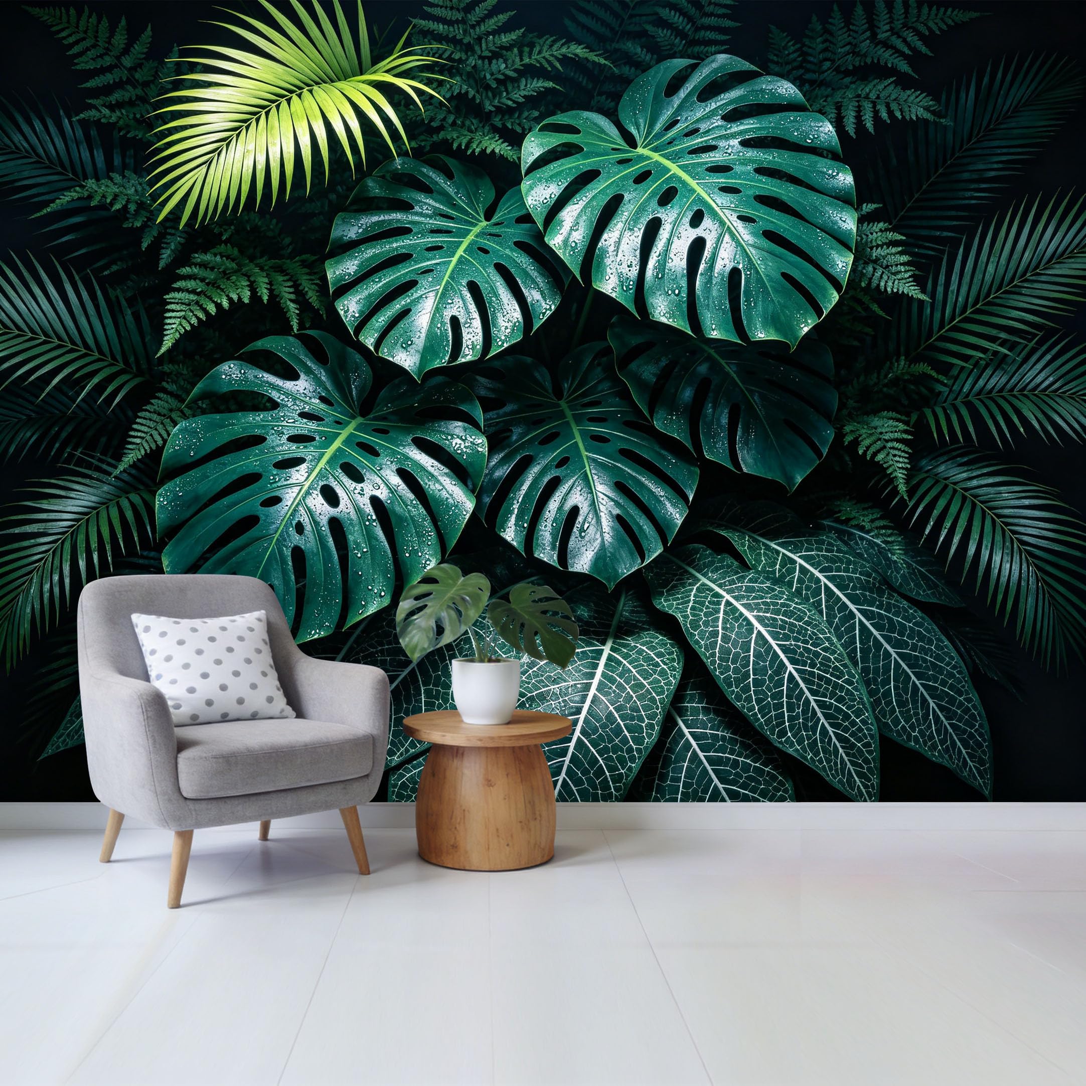 Custom Size Wall Mural， Tropical Jungle Botanical Monstera Palm Fern Leaves Removable Self Adhesive Fabric，Home Wall Decor for Living Room Bedroom Bathroom