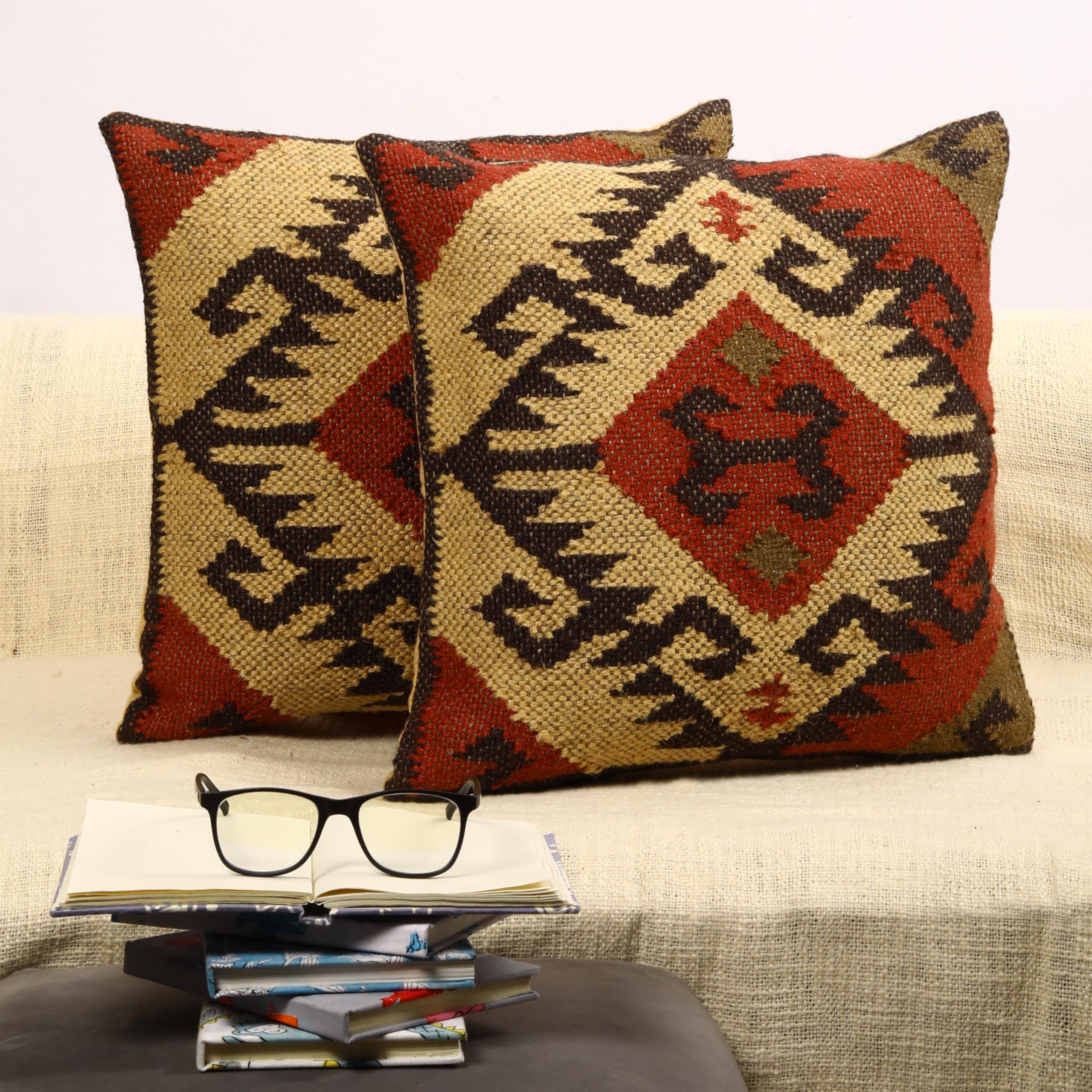 Trade Star Kilim Cushion Cover Set of 2 Throw Pillow Cover 70% Jute 30% Wool Pillow Shams Handwoven Rug Decorative Pillowcase 18x18 Inches Decorative