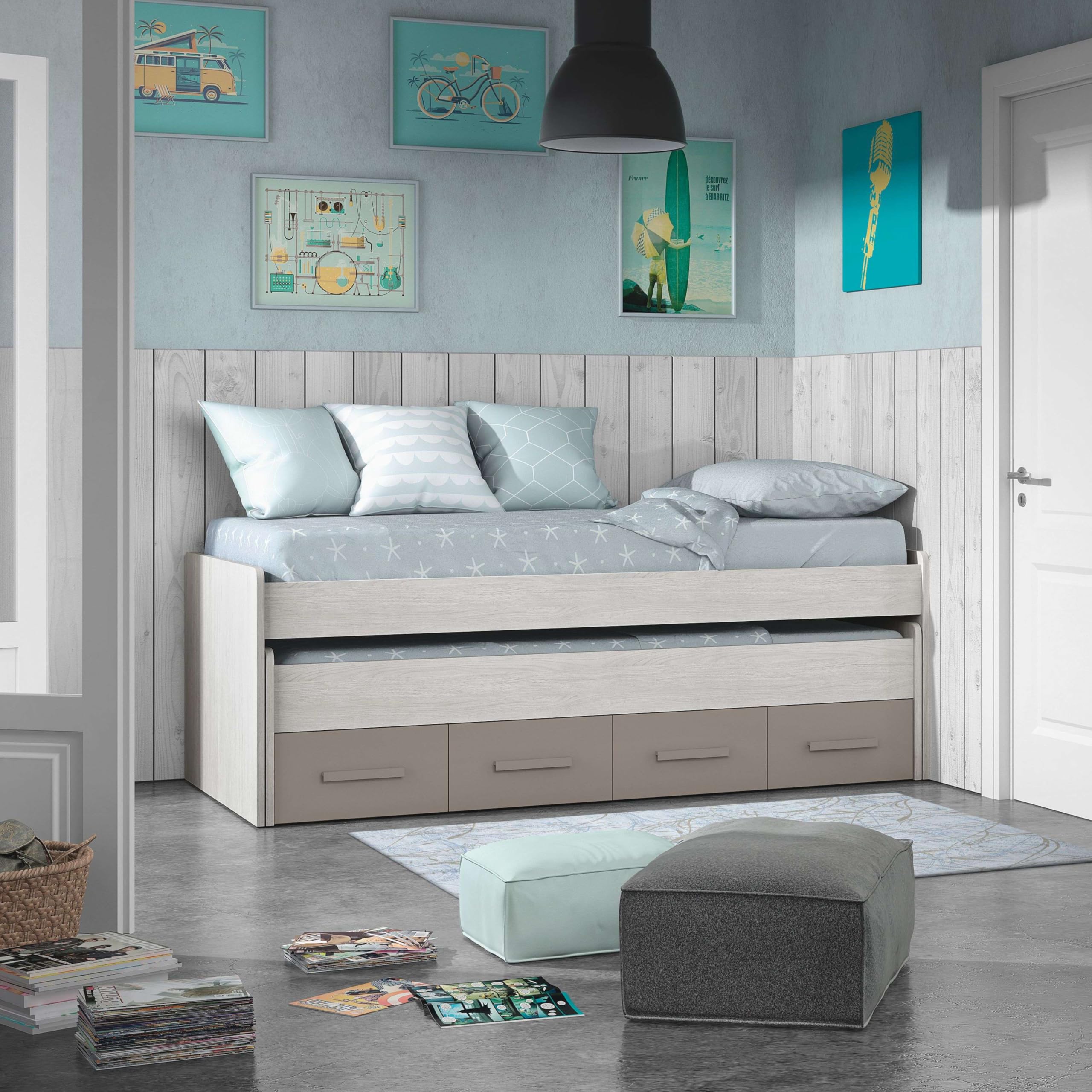 Miroytengo Cama Nido Doble Juvenil Cama con Cajones Color Blanco Alpes y Marrón Basalto Melamina 190x90 cm