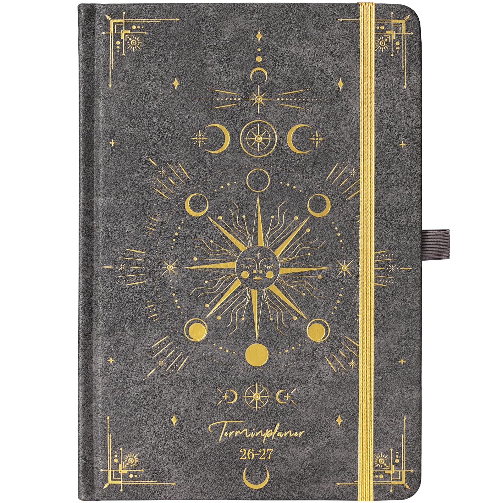 Terminplaner 2026 2027, Kalender Aug 2026 - Sep 2027, Mit Innentasche, A5 | Wochenansicht, Monatsansicht, Softcover, Lesezeichenband, Elastischer Verschluss, 21.4 x 13.9cm - Grau